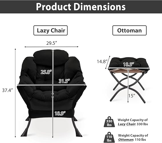 Youtanic Lazy Chair with Folding Ottoman, Accent Chair Velvet Upholstered with Metal Structure and Non-Slip Pads, Sofa Armchair with Footrest and Side Storage Bag for Dorm, Room, Office, Black