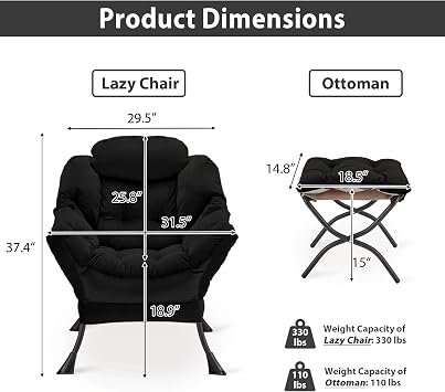 Youtanic Lazy Chair with Folding Ottoman, Accent Chair Velvet Upholstered with Metal Structure and Non-Slip Pads, Sofa Armchair with Footrest and Side Storage Bag for Dorm, Room, Office, Black