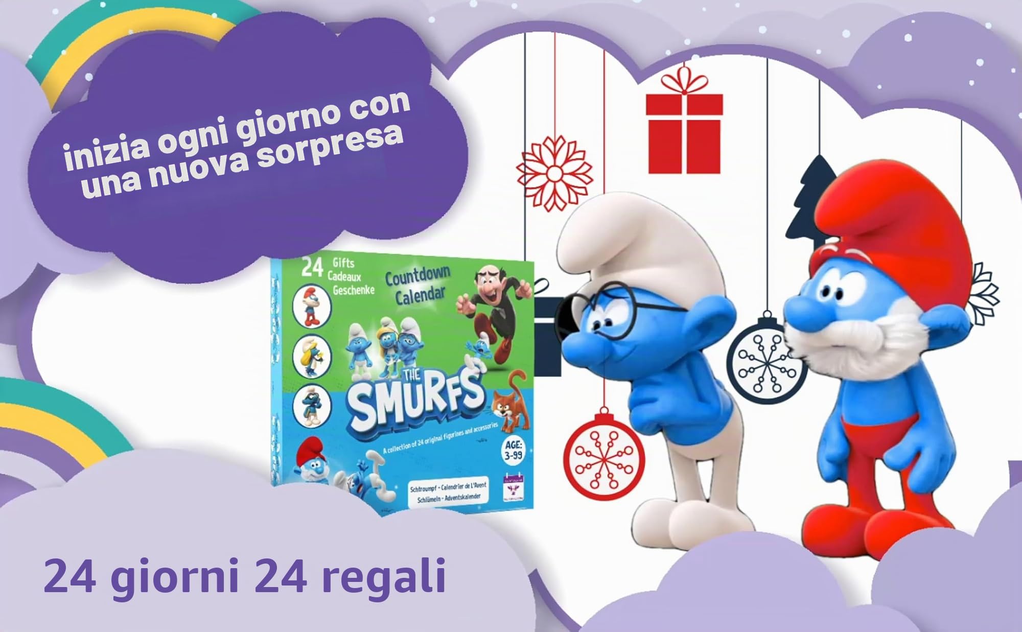 Calendario dell'Avvento 2025 Il calendario dell'Avvento originale SCHLÜMPFE. Giocattolo da collezione a cartoni animati per ragazzi e ragazze, 12 figure + 12 regali SMURFY! Dai 3 anni in su. 24 pezzi