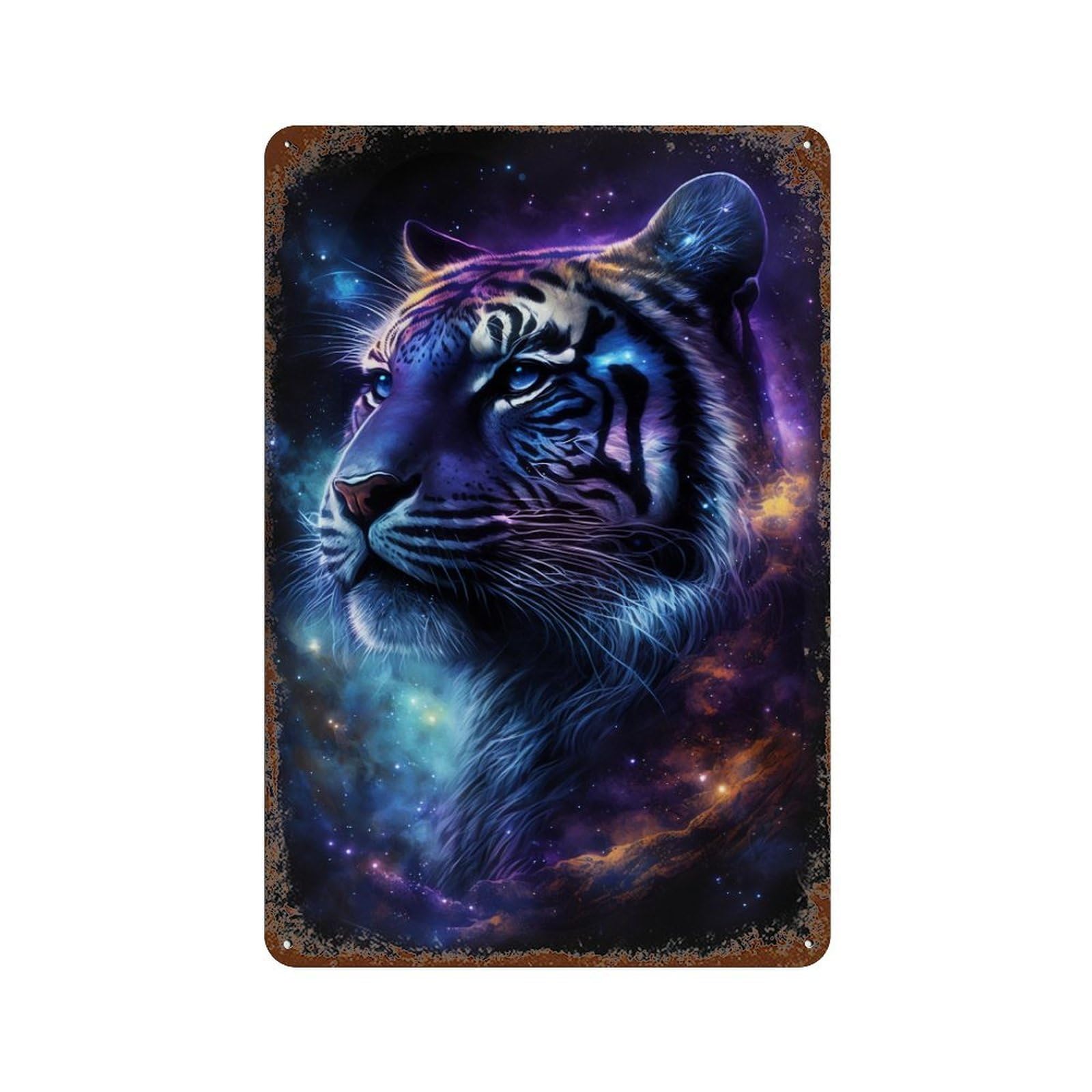 Garage Style Cosmic Tiger Portrait Distressed Metal Wall Sign 11.8"x7.9", Retro Wall Decor for Bar And Workshop