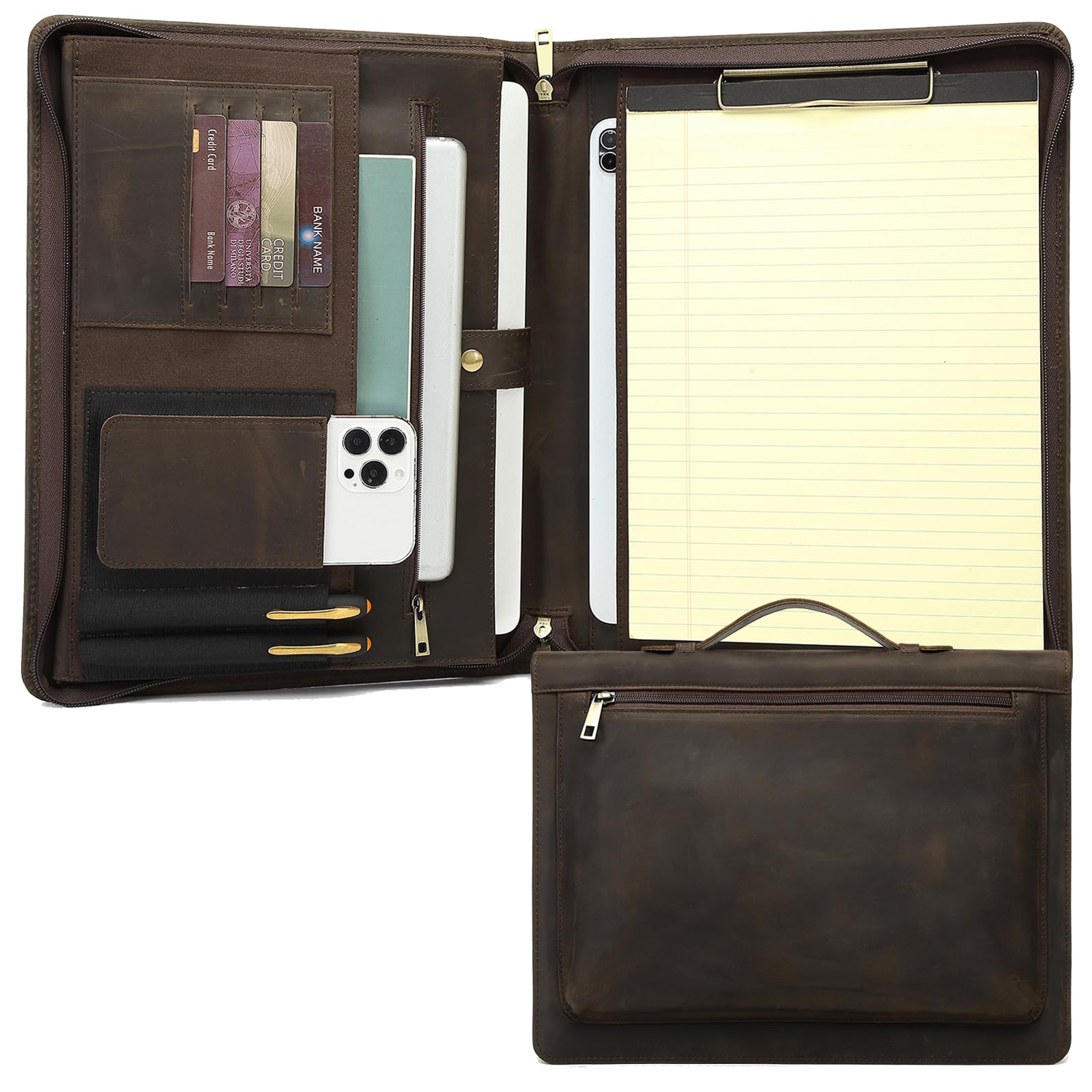 Geslun Genuine Leather Portfolio with Hidden Handle, Clipboard Folder, Front Pocket, 8.5 x 11 Legal Pad Notebook Holder, Professional Executive