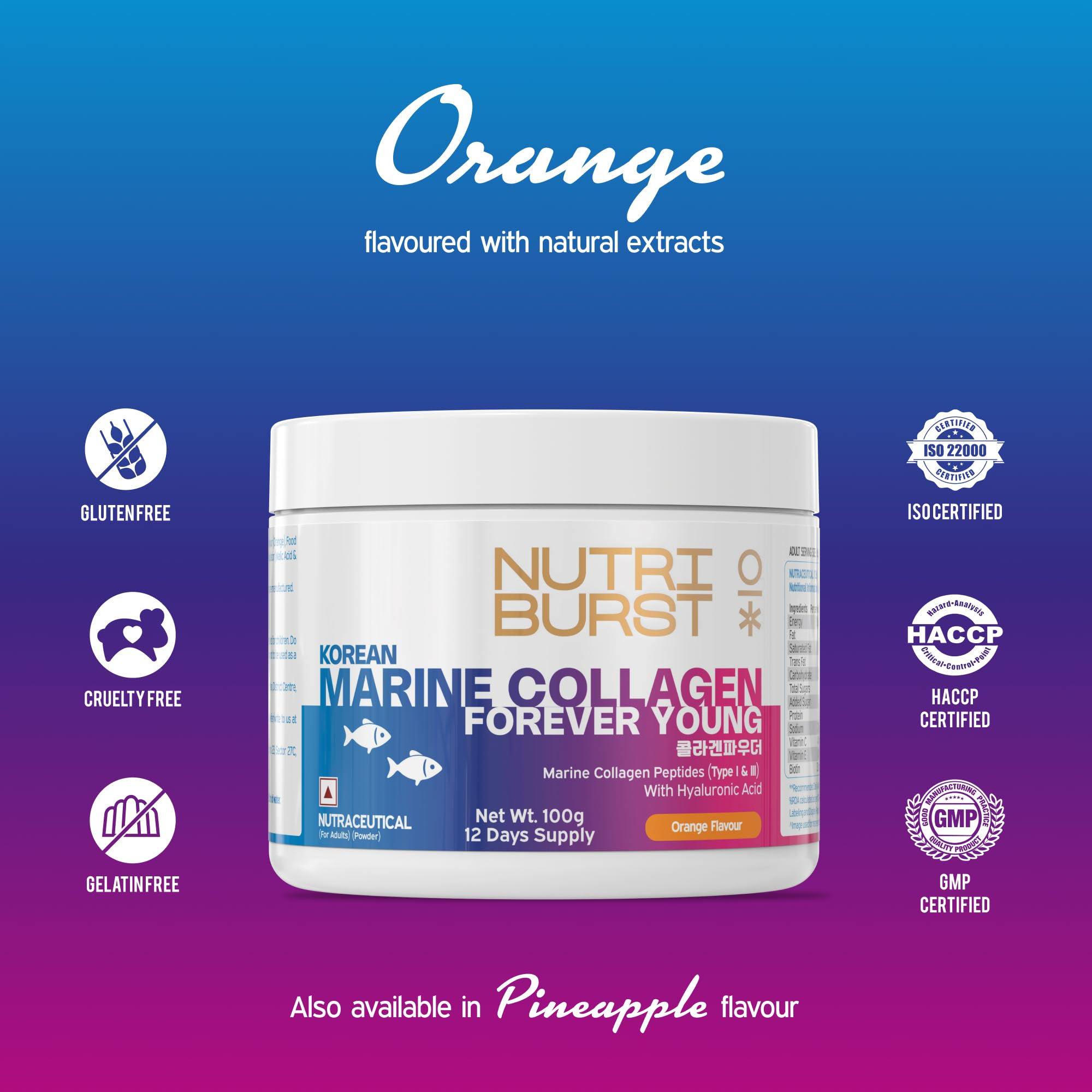 Nutriburst Korean Marine Collagen Powder | Marine Collagen Peptides (Type I & III) with Hyaluronic Acid | 8g High Absorption Collagen per Serving | Orange Flavour | For Skin, Hair, Nails & Joint Support | For Men and Women | 100g — Amazon image 3
