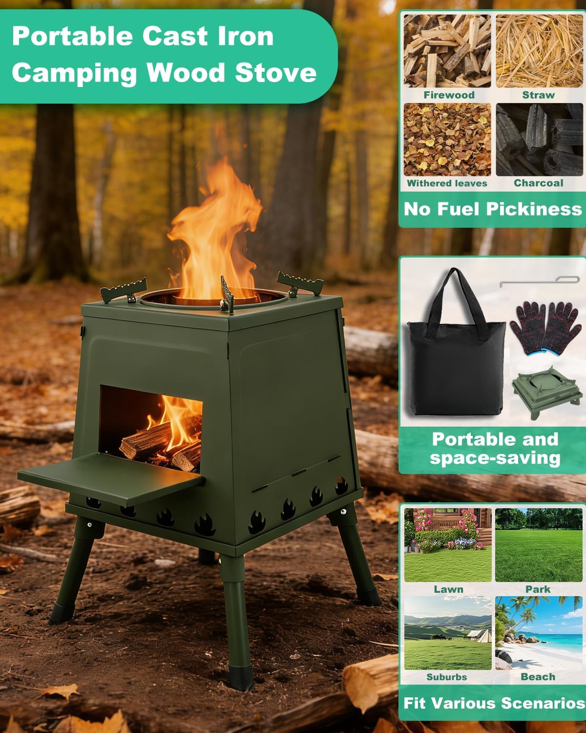 Portable Wood Burning Stove - Lightweight Cast Iron Camp Stove for Backpacking，Portable and Easy-To-Assemble Backpacking Camping Stove Kit (Green, Small)