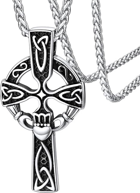 FaithHeart Irish Claddagh Necklace Vintage Celtic Trinity Knot Cross Pendant Stainless Steel/Gold/Black Plated Friendship JewelleryWith Gift Box