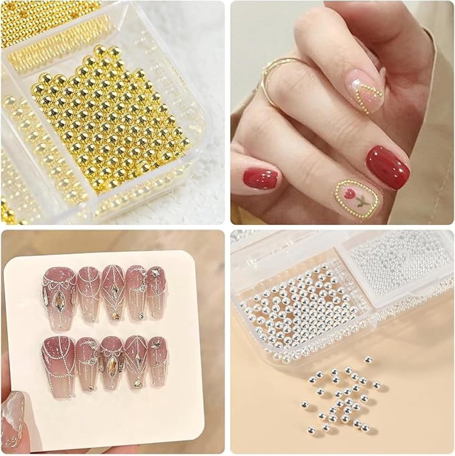 12 Grids Art Charms Metal Beads 3D Caviar Small Steel Ball Nail Accessories Nail Art Metal Mini 3D Mixed Sizes DIY Decorations Accessories (Silvery and Gold)