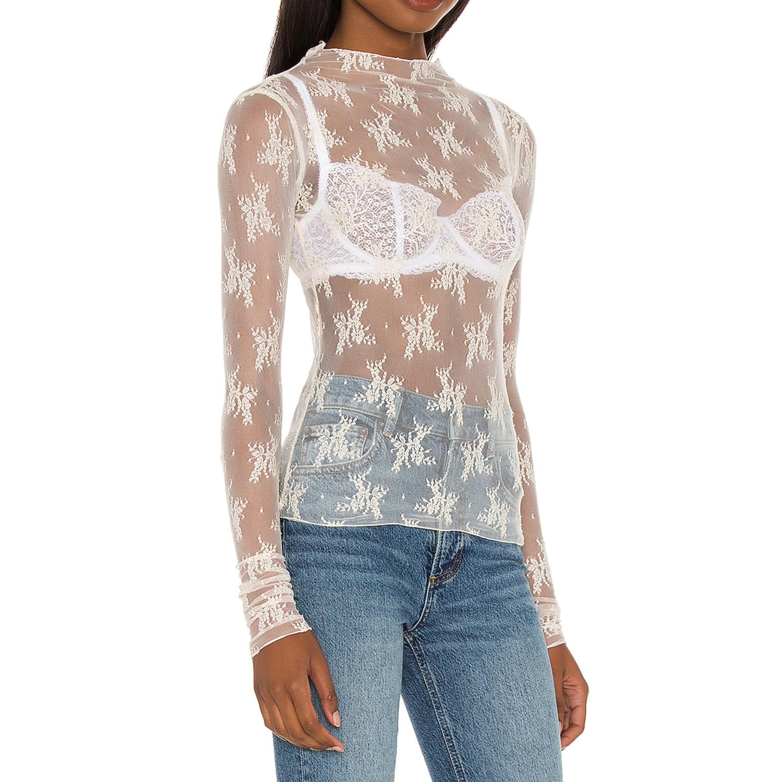 Snapklik.com : Women Mock Neck Lace Top See Through Mesh Crop Top ...