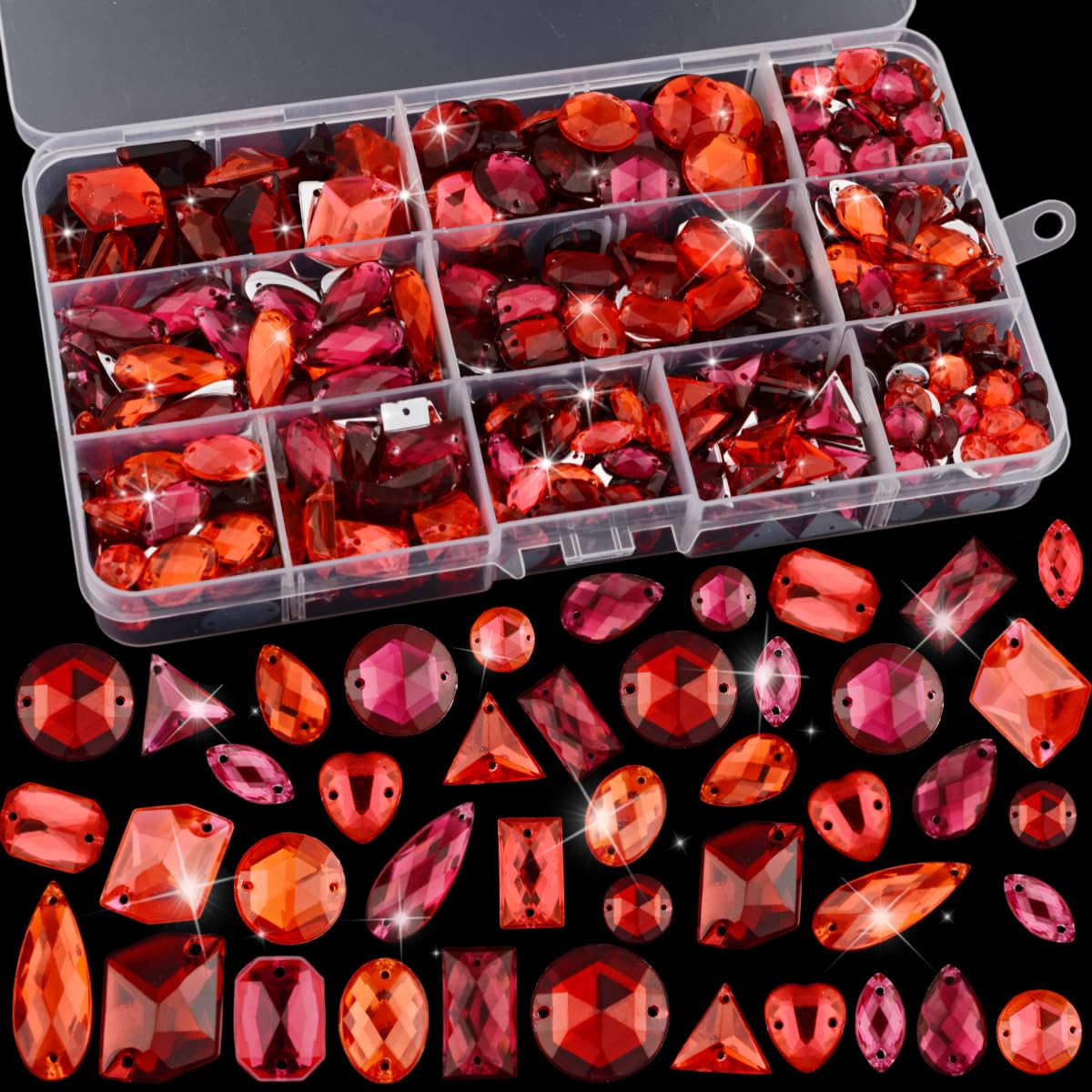 Umillars 650 Pieces Sew On Rhinestones Kit Flatback Mixed Shape Acrylic Sewing Crystal Rhinestones Gems for Crafts DIY Clothes Shoes Dress Jewelry Making(Red) (SR-650)