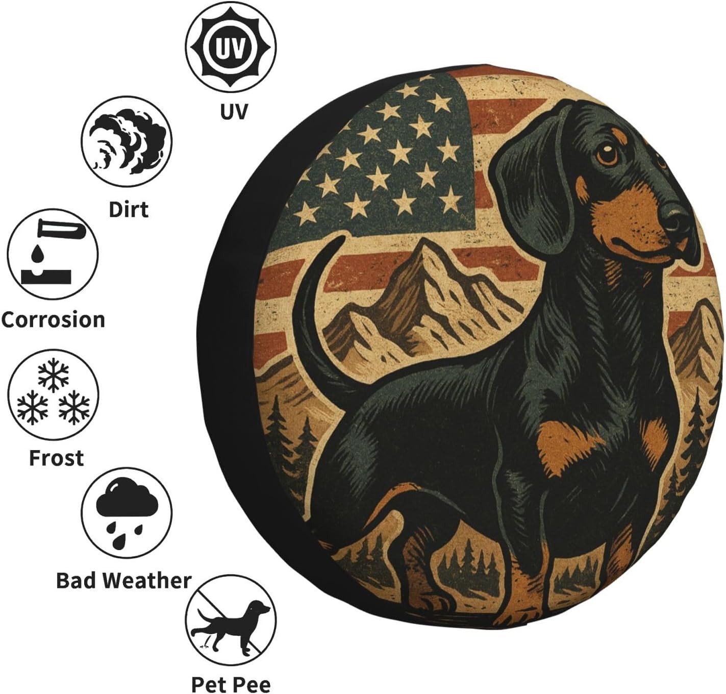 Dachshund Spare Tire Cover with Patriotic Dog Vintage American Flag Design – Waterproof Vehicle Wheel Cover for RV, Truck, Cars Trailer & Camper Decor 15 Inch