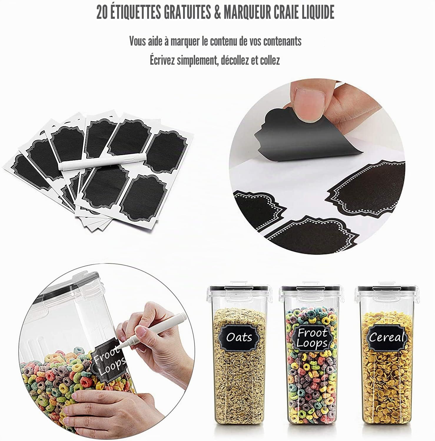 Wildone Lot de 8 récipients hermétiques pour céréales et aliments secs - capacité de 2,5 L pour sucre, farine, etc - couvercles anti-fuites noirs