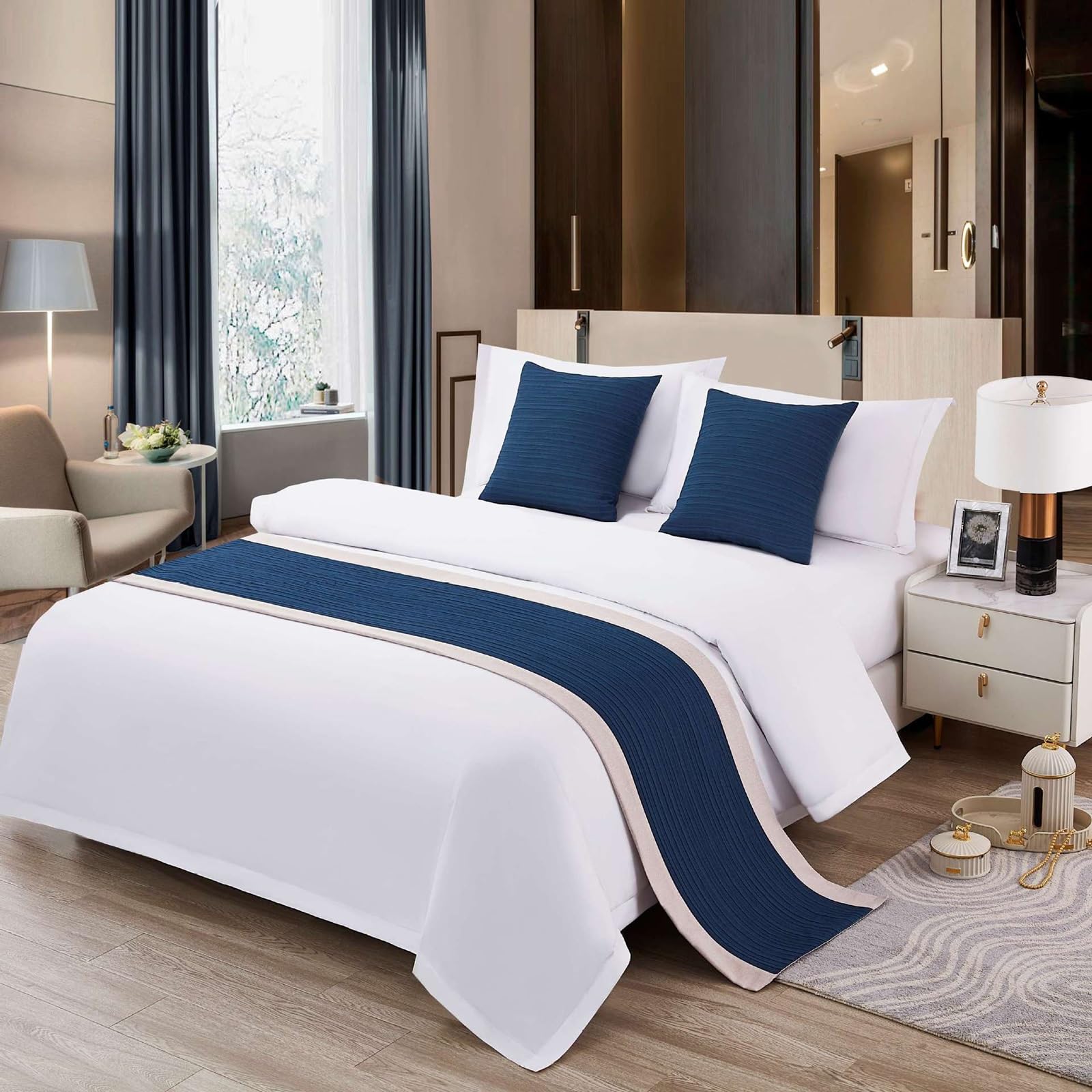 VNVFJKLO bed runner, Bed Scarf Runners Solid Scarves Cotton Linen Splicing Bedspread Bedding Towl Decor Protection For Hotel Guesthouse Resorts Bedroom(Cyan,50 * 260cm for 200cm Bed)