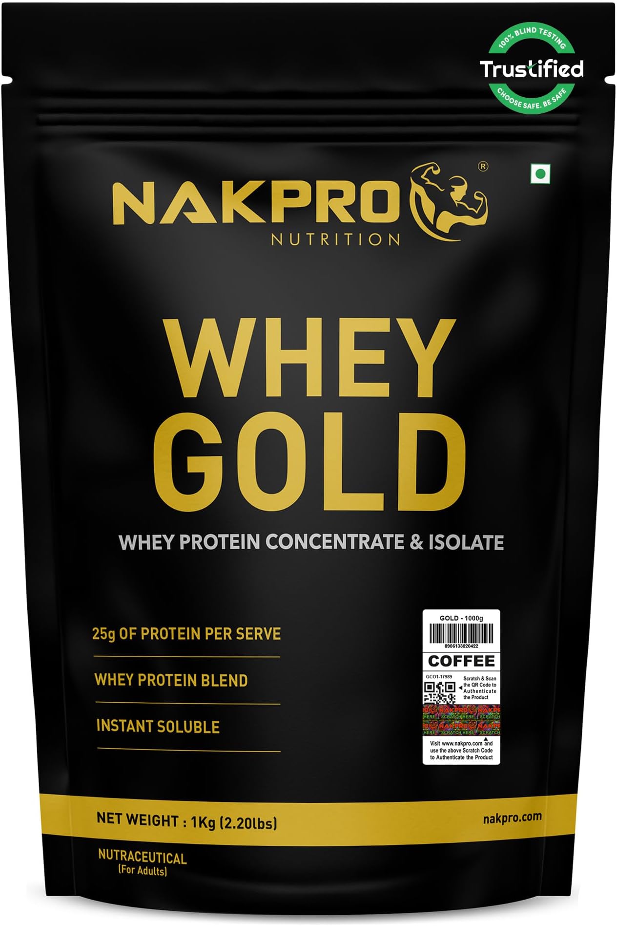 Gold Whey Protein Concentrate & Isolate 1kg Coffee | 25.5g Protein, Trustified Certified Supplement Powder | Fast Absorbing Whey Protein Powder