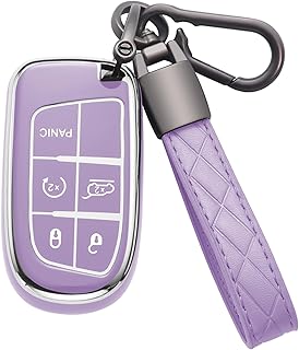 for Jeep Key Fob Cover with Keychain Soft TPU Full Protection Key Case Shell for Grand Cherokee Wrangler Compass Grand Comander Chrysler 200 300 Dodge Charger Challenger RAM 5 Button, Y-Purple