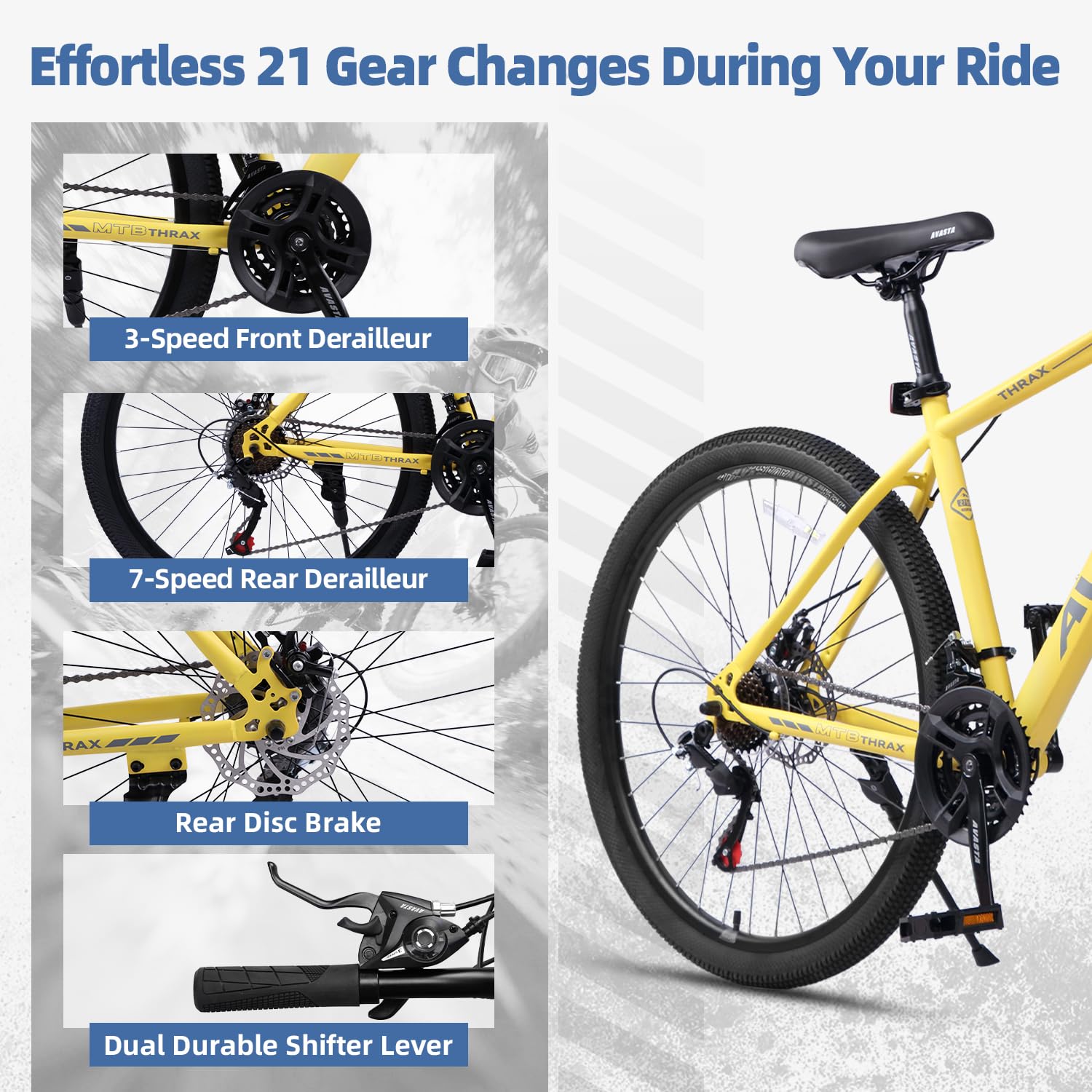 AVASTA VTT 26/27,5" pour homme et femme adulte avec cadre en acier haute résistance et freins à double disque, suspension de roue avant, dérailleur 21 vitesses, câbles de frein cachés