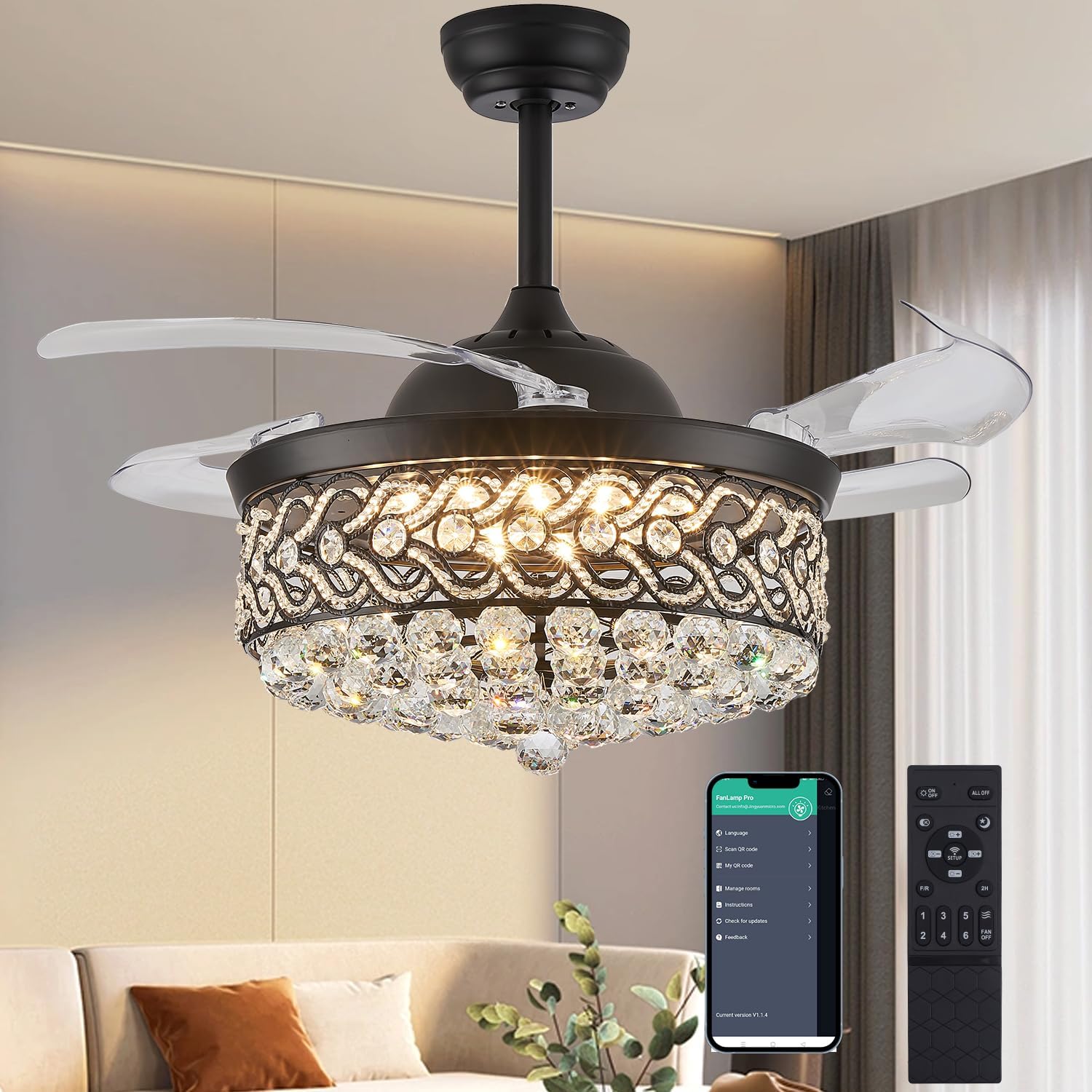 DuMaiWay 48 Inch Retractable Blades Fandelier Dimmable Crystal Chandelier Ceiling Fan with Light and Remote, Dimmable LED Crystal Fan Light Kit for Bedroom Dining Room