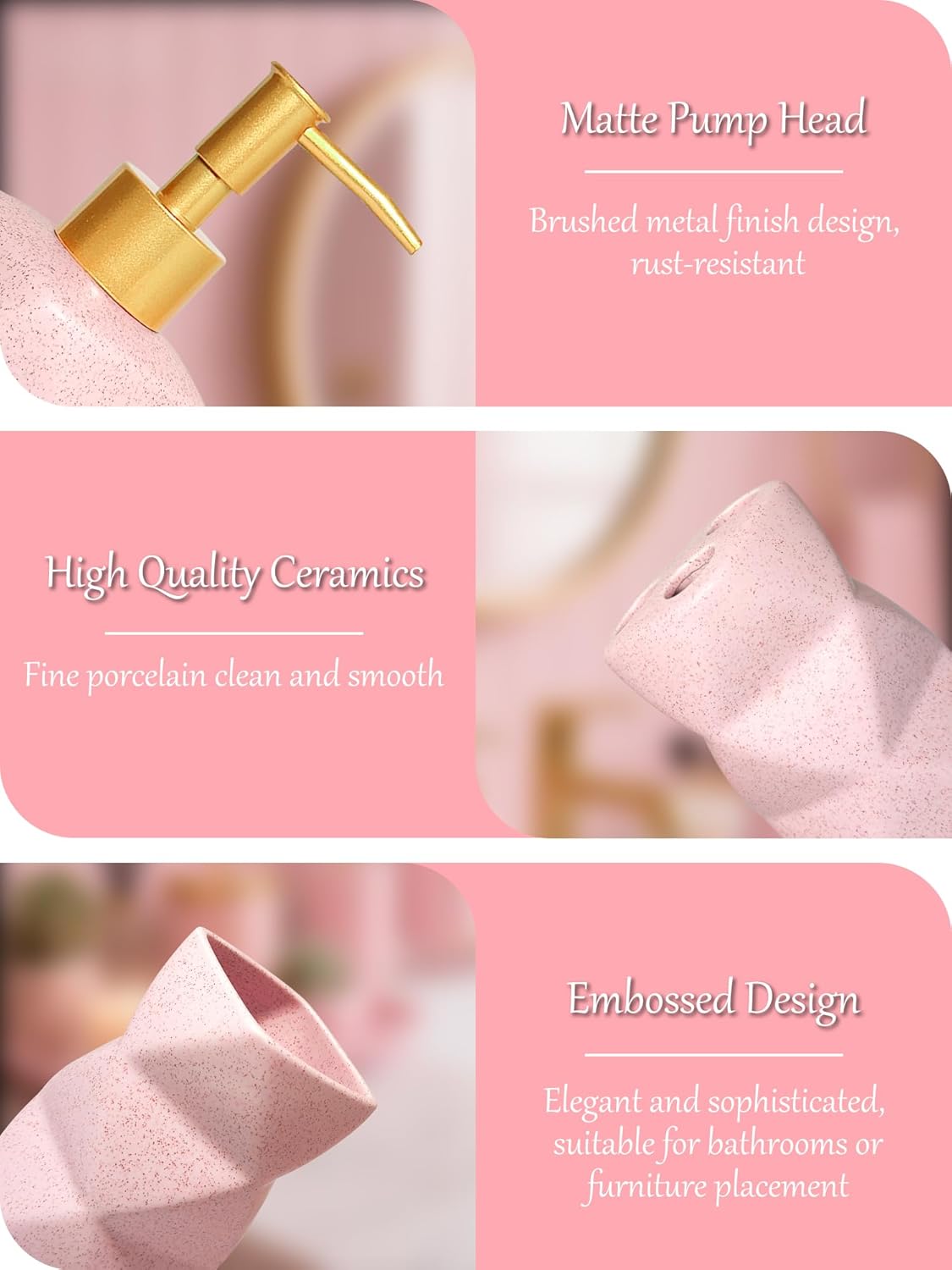 Bathroom Accessories Set,4 Pcs Bathroom Accessory Set,Includes Lotion Soap Dispenser,Toothbrush Holder,Tumbler,Soap Dish,Ceramic Bathroom Sets Complete,Bathroom Sink Set for Modern Home Decor(Pink)