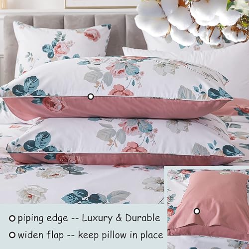 Miniatura 4 de FADFAY Juego de funda de edredón tamaño individual, 100% algodón, 600 hilos, estampado de flores rosas rosas, color blanco, reversible, con