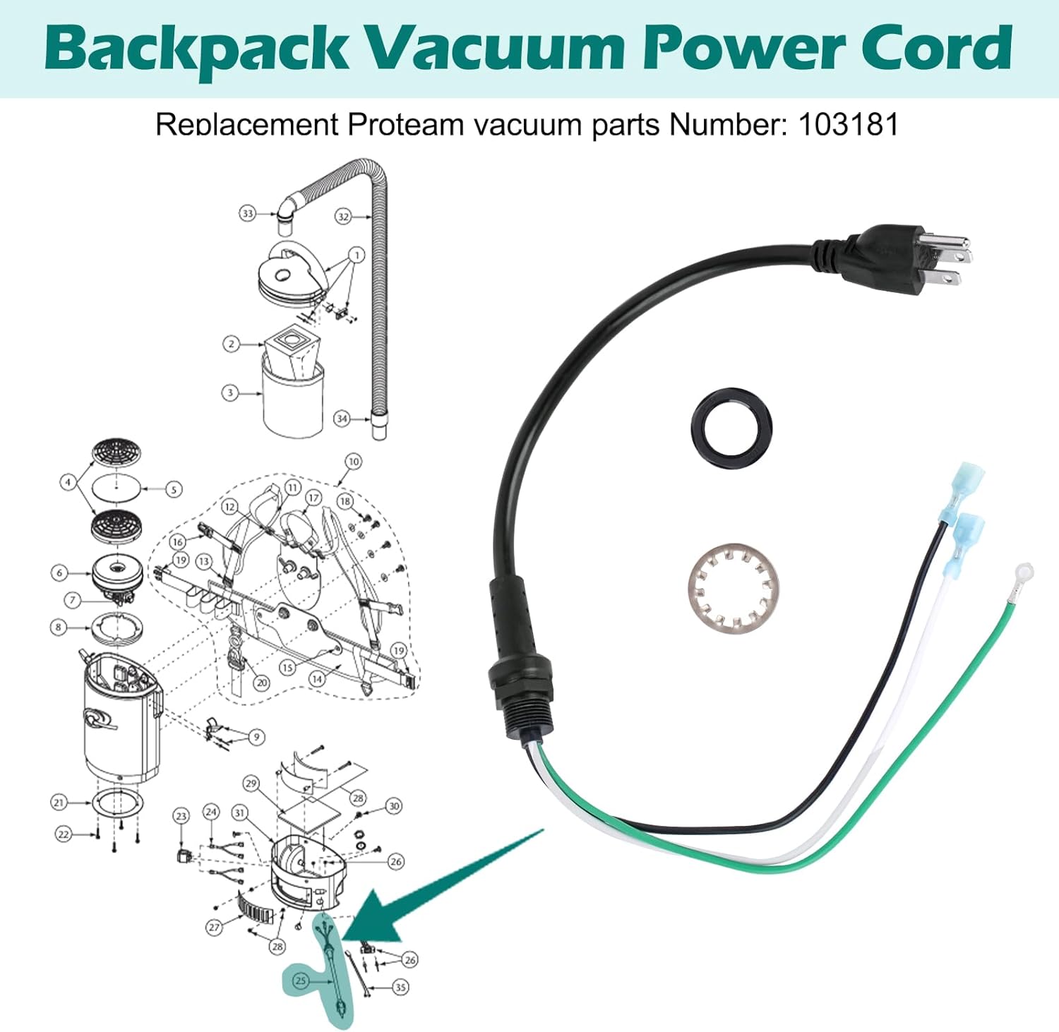 103181 Power Cord Replacement Proteam Vacuum Cord, Replace Proteam Sierra Backpack Vacuum Cleaner Parts, 16 Gauge 3 Wire with Nut & Washer