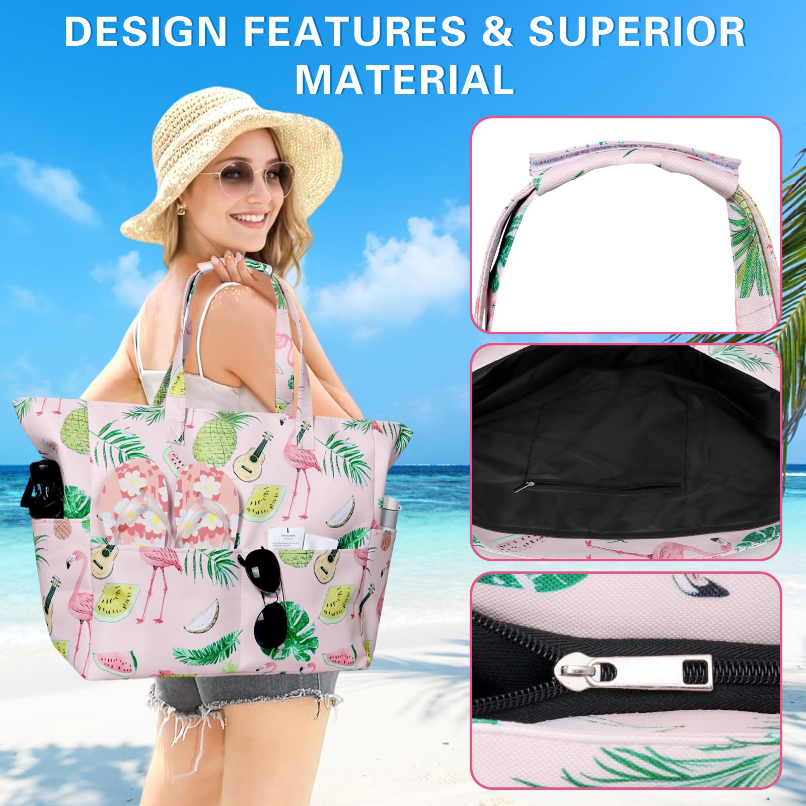 Sac de Plage Femme XXL Sac Cabas Femme Grand Imperméable Sac de Plage avec Poches Pliable et Léger Sac Piscine Hawaïen Grand Tot Bag Plage Piscine Vacances Gym