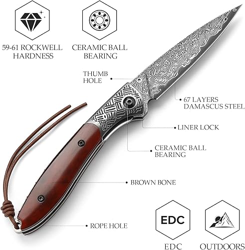Miniatura 2 de Cuchillo de bolsillo plegable de Damasco hecho a mano de 3.15 pulgadas, cuchillos EDC regalo para hombres, mango de hueso marrón, rodamientos de