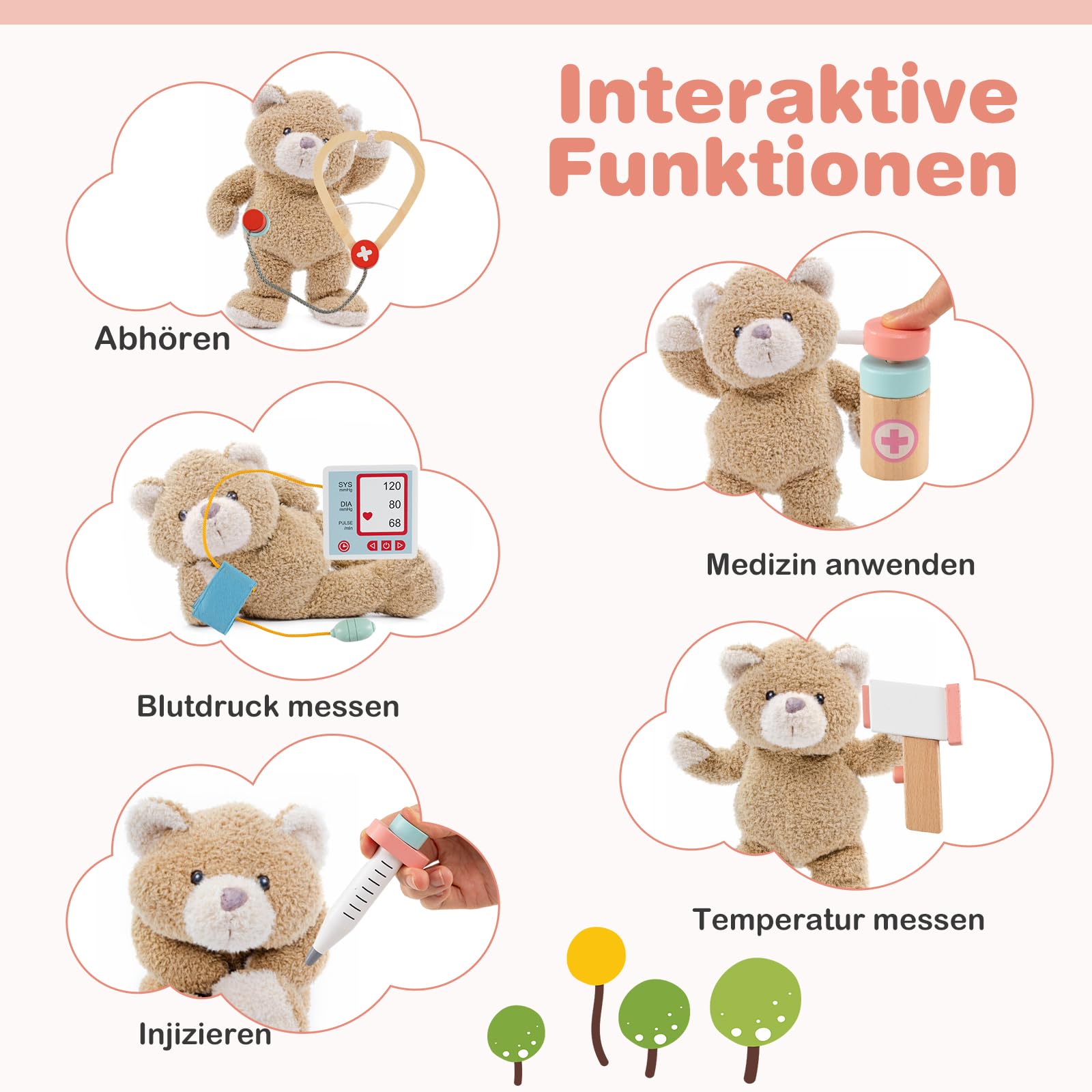 DREAMADE Krankenhaus Spielset, Arztkoffer Kinder aus Holz mit 24 Zubehörteilen, Stethoskop, Blutdruckmessgerät & Spüle, Arzt Rollenspielzeug für Kinder ab 3 Jahren (Rosa)