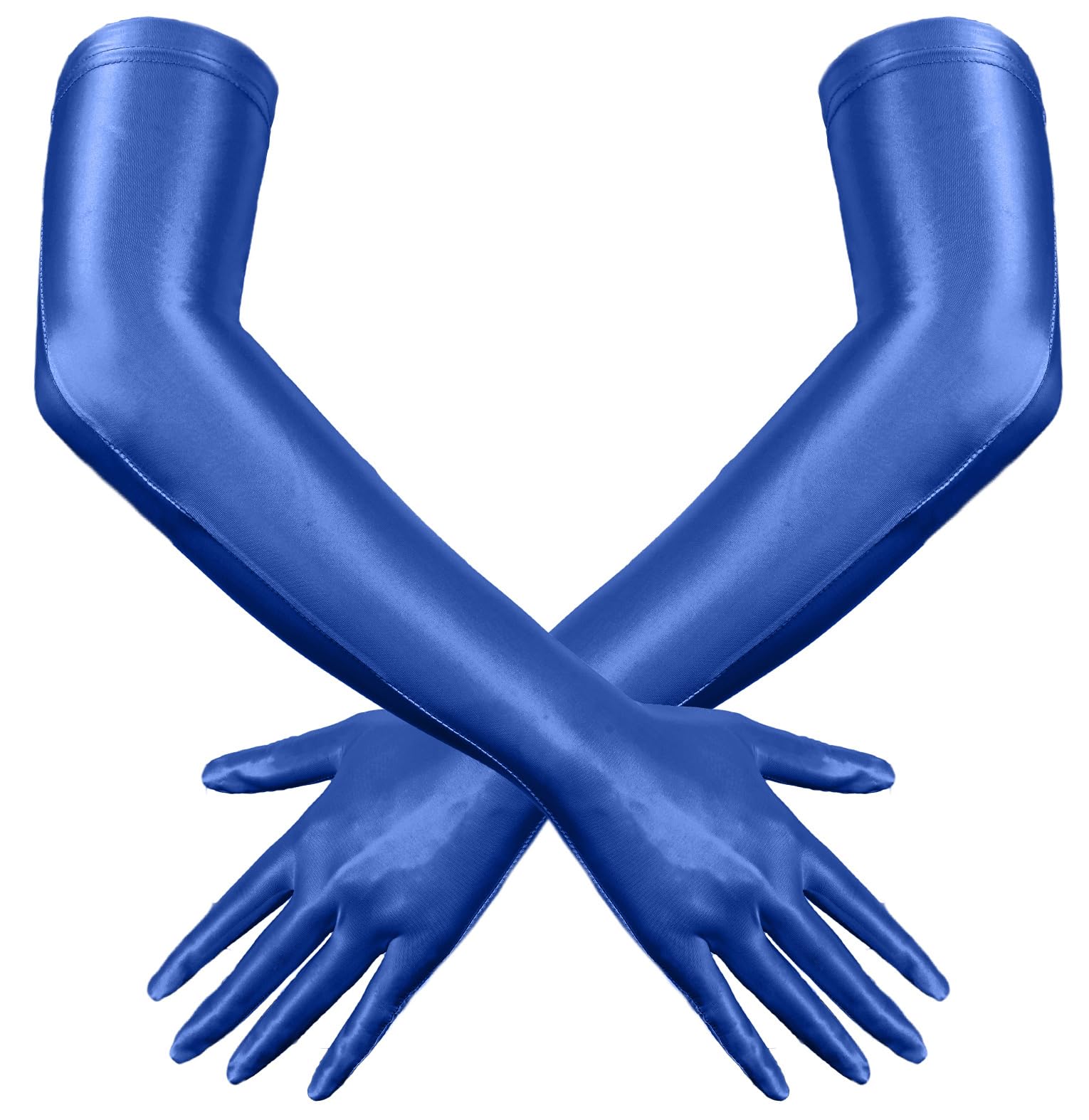 Women Shiny Metallic Spandex Gloves Adult Long Halloween Christmas Costume Shiny Holographic 21" Opera Finger Gloves Blue