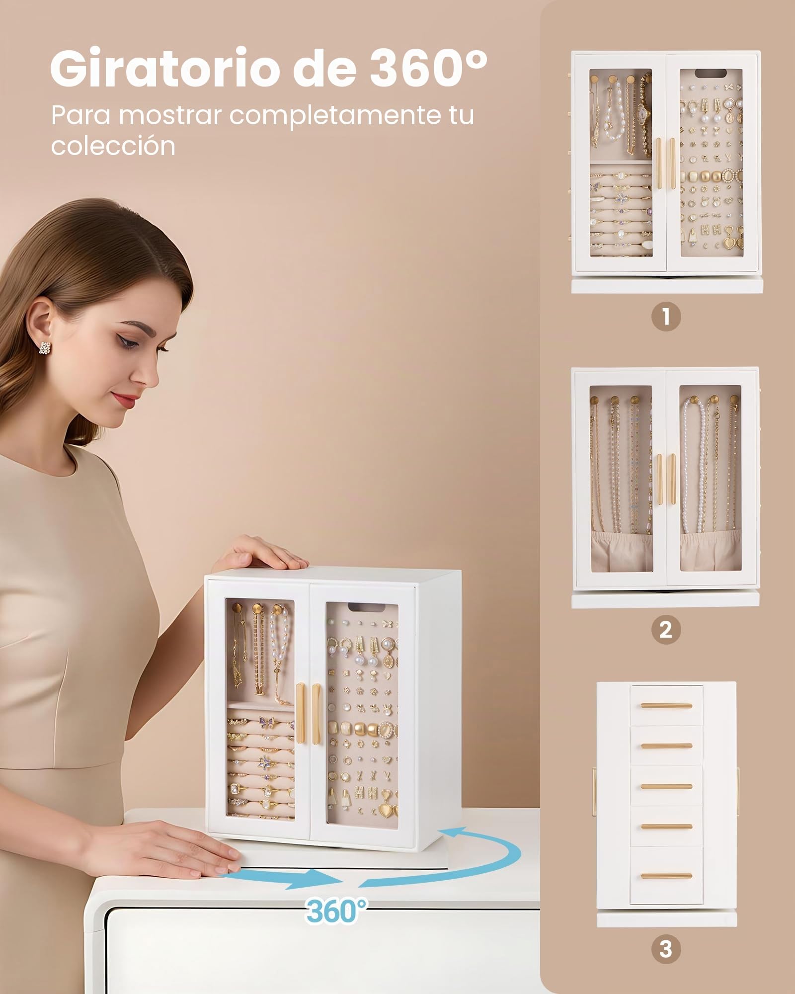 Lolalet Caja para Joyas, Estuche Grande Giratorio 360º con Ventana Transparente para Almacenar Pendientes Pulseras Collares Anillos -Blanco