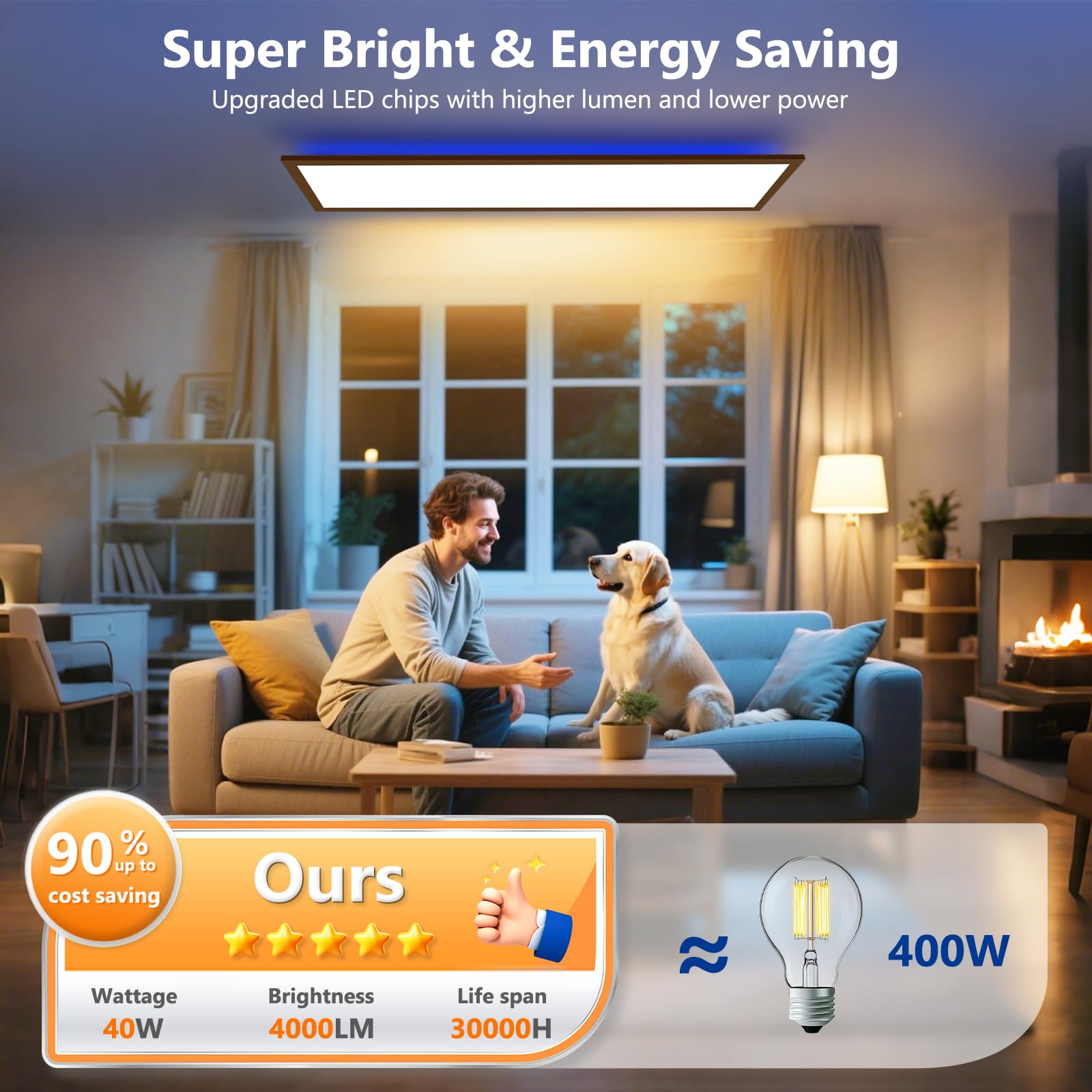 YindaLux Panel sufitowy LED 120 x 30 cm, 40 W, 4000 lm, podświetlenie RGB, ściemnialna lampa sufitowa LED, z pilotem, 2700 K-6500K, lampka nocna + funkcja pamięci, do kuchni, biura, korytarza, czarny