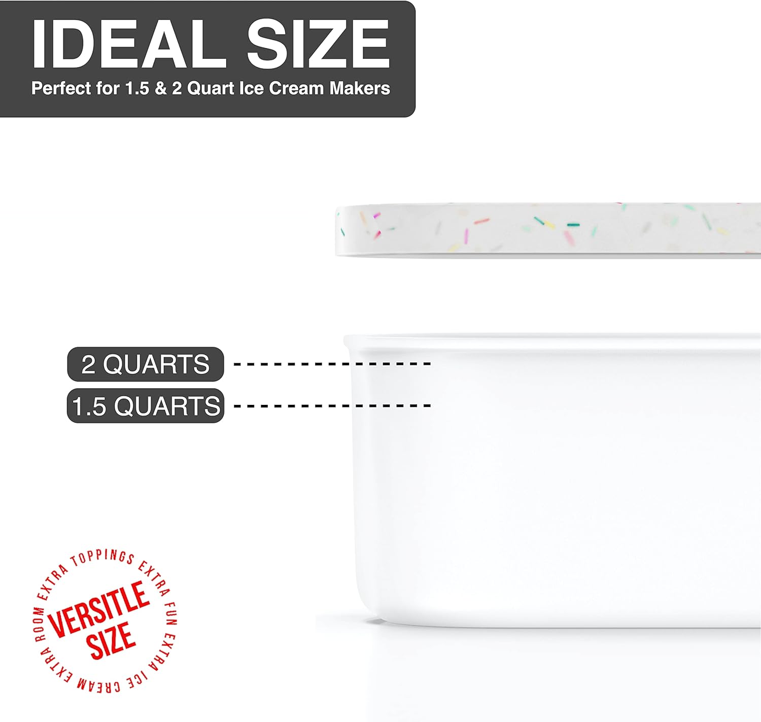 BALCI Ice Cream Containers - 2 Quart Ea. (Set of 2) - Premium Reusable Freezer Storage for Homemade Ice Cream Tub for Sorbet, Frozen Yogurt - Flexible Silicone Lids, Long Scoop - White With Sprinkles