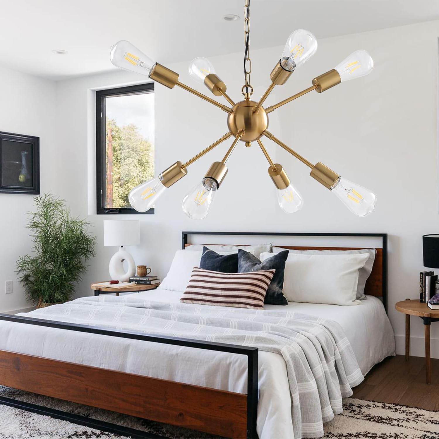 JackLove 8-Light Plug in Chandelier with Switch 16.4 Ft On/Off Switch,Modern Gold Brass Metal Sputnik Chandelier, Pendant Lighting for Living Room Bedroom Dining Room
