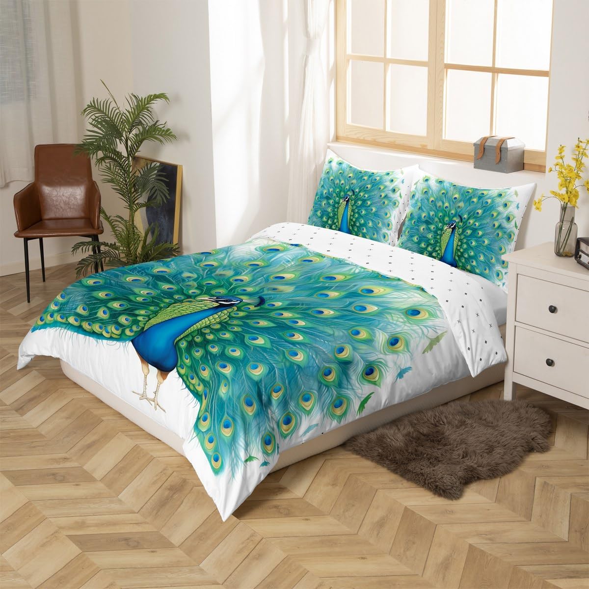 Erosebridal Peacock Bedding Set Cute Animal Hand Drawn Comforter Cover for Kids Boys Teens, Aesthetic Peacock Feather Printed Duvet Cover Wildlife Bed Set, Wild Animal Room Decor King Size Blue White