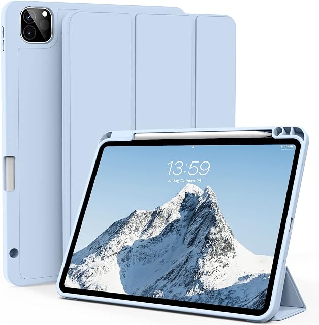 ZOYU Case for iPad Pro 12.9 Inch 6th/5th/4th Generation (2022/2021/2020), Slim Trifold Smart Cover with Pencil Holder, Soft TPU Back Case [Support 2nd Gen Pencil Charging], Auto Sleep/Wake, Light Blue