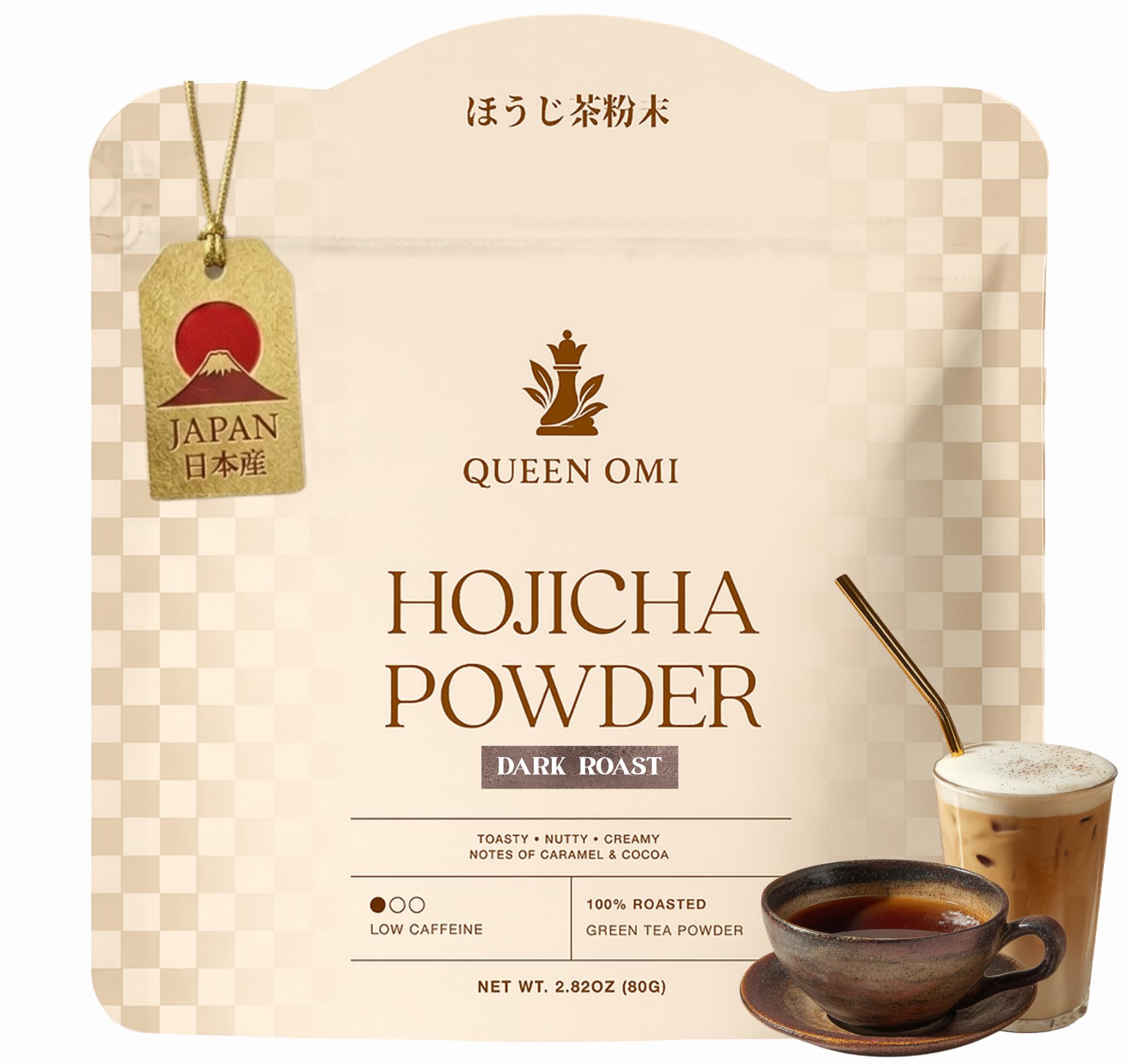Queen Omi Organic Hojicha Powder | Japanese Roasted Green Tea Latte Powder | Kyoto Uji, Japan | Low Caffeine, Stone-Milled, Dark Roast | Matcha & Coffee Alternative | 40 Servings
