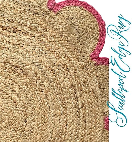 Miniatura 6 de Alfombra redonda natural de yute, alfombra de piso con borde festoneado, trenzado, bohemio, ecológico, grande, circular hecha a mano (natural,