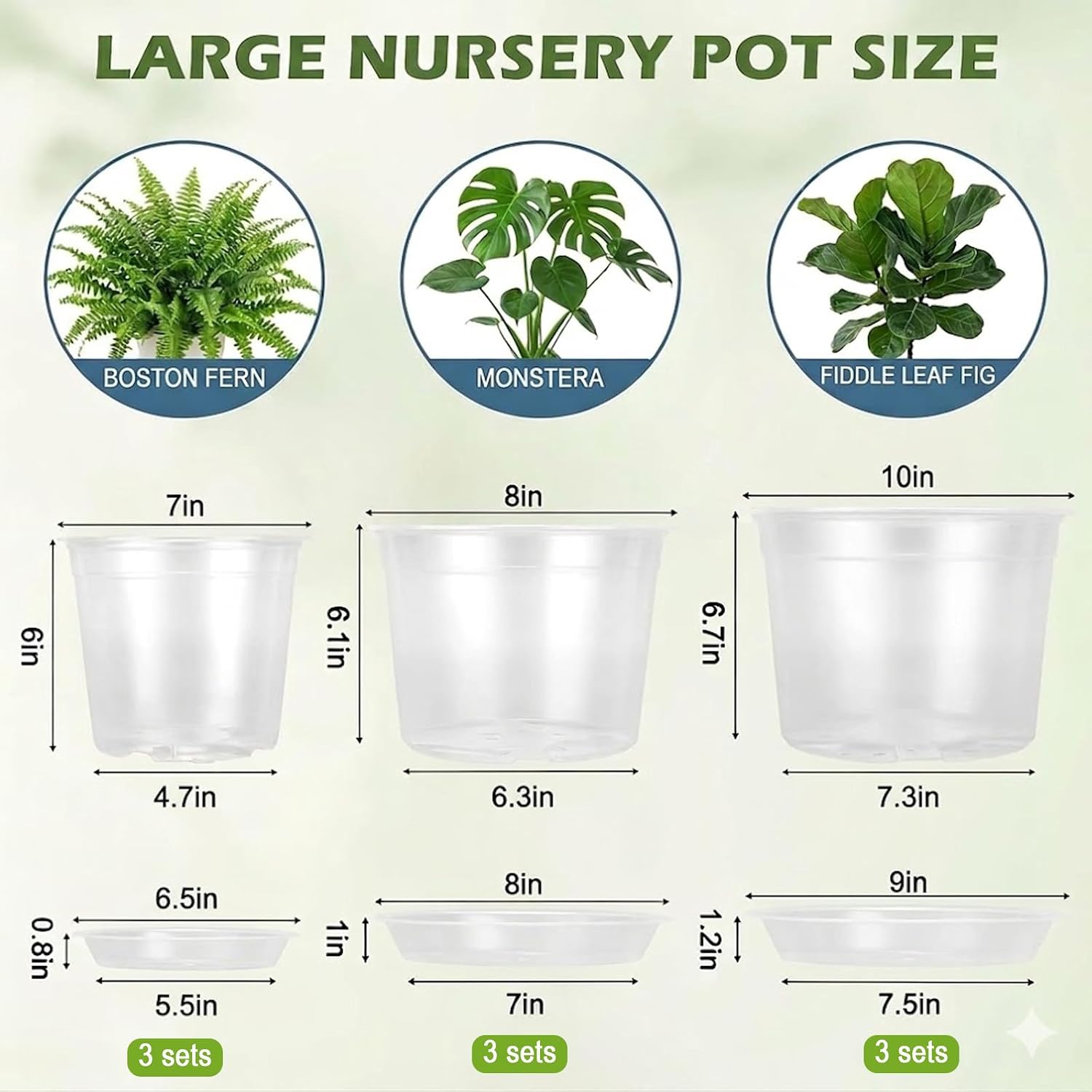 9 Sets 7/8/10 Inch Large Clear Nursery Pots with Drainage Holes, Thick Reusable Plastic Plant Pots for Indoor Outdoor Plants, Seedlings, Succulents, Transplanting (7/8/10 inch)