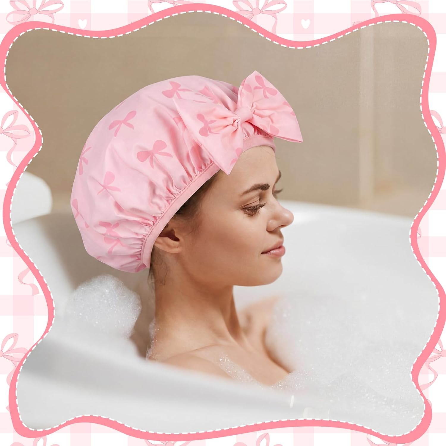 ramede Large Satin Lined Shower Cap for Women Reusable Waterproof Double Layer Bath Cap with Cute Pink Bow Large Washable Bath Caps with Soft Elastic Band Protect Long Hair Braids Locs