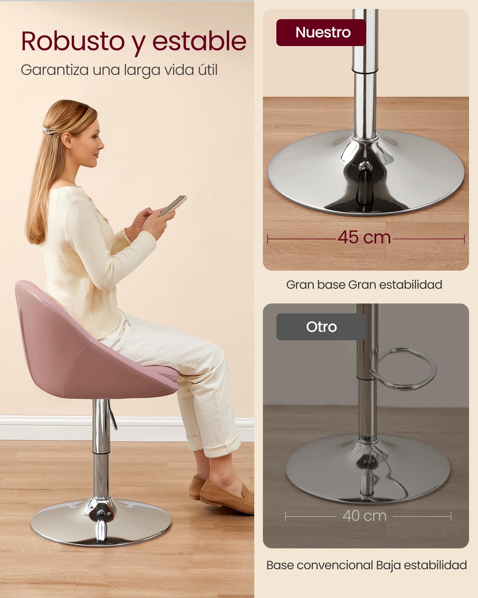 VASAGLE Silla Ajustable, Taburete de Tocador, Silla de Oficina Giratoria, Taburete de Bar con Respaldo y Base, Acero, para Mostrador, Oficina, Tocador, Comedor, Rosa Pastel y Gris Plata LJB100R01