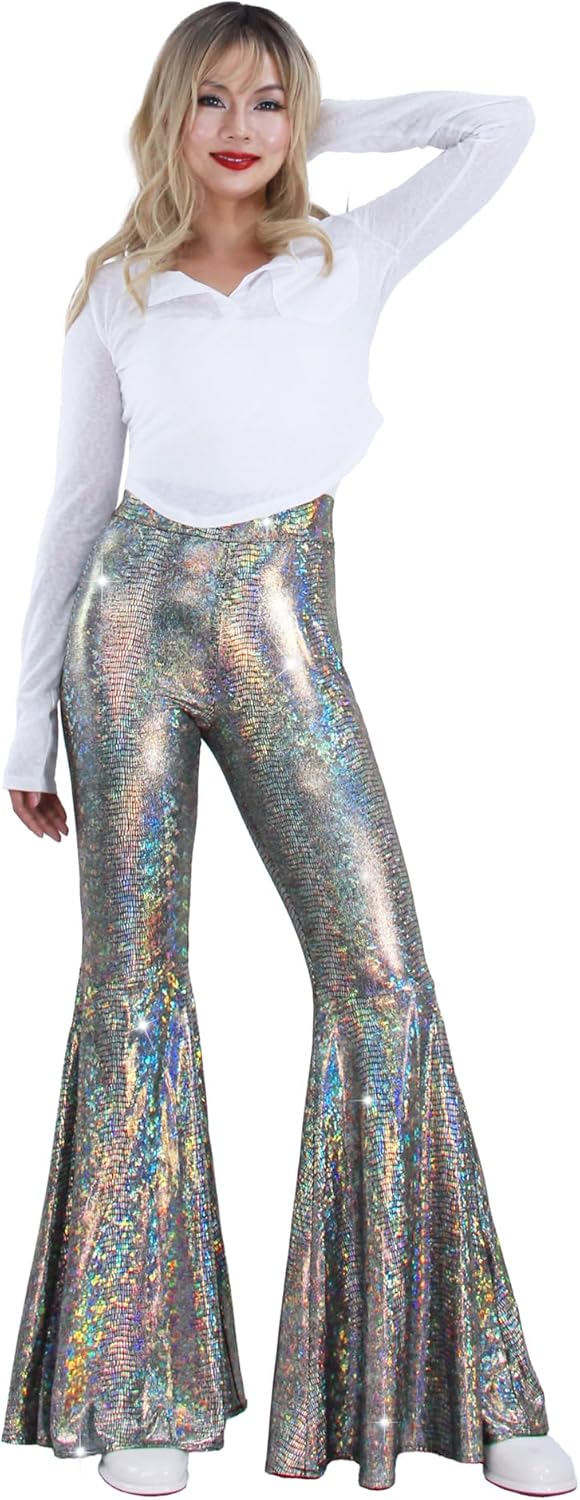 Nawgut Womens Sequin Flare Pant Sparkly High Waisted Leg Bell Bottom Glitter Trousers Night Out Clubwear - Image 2