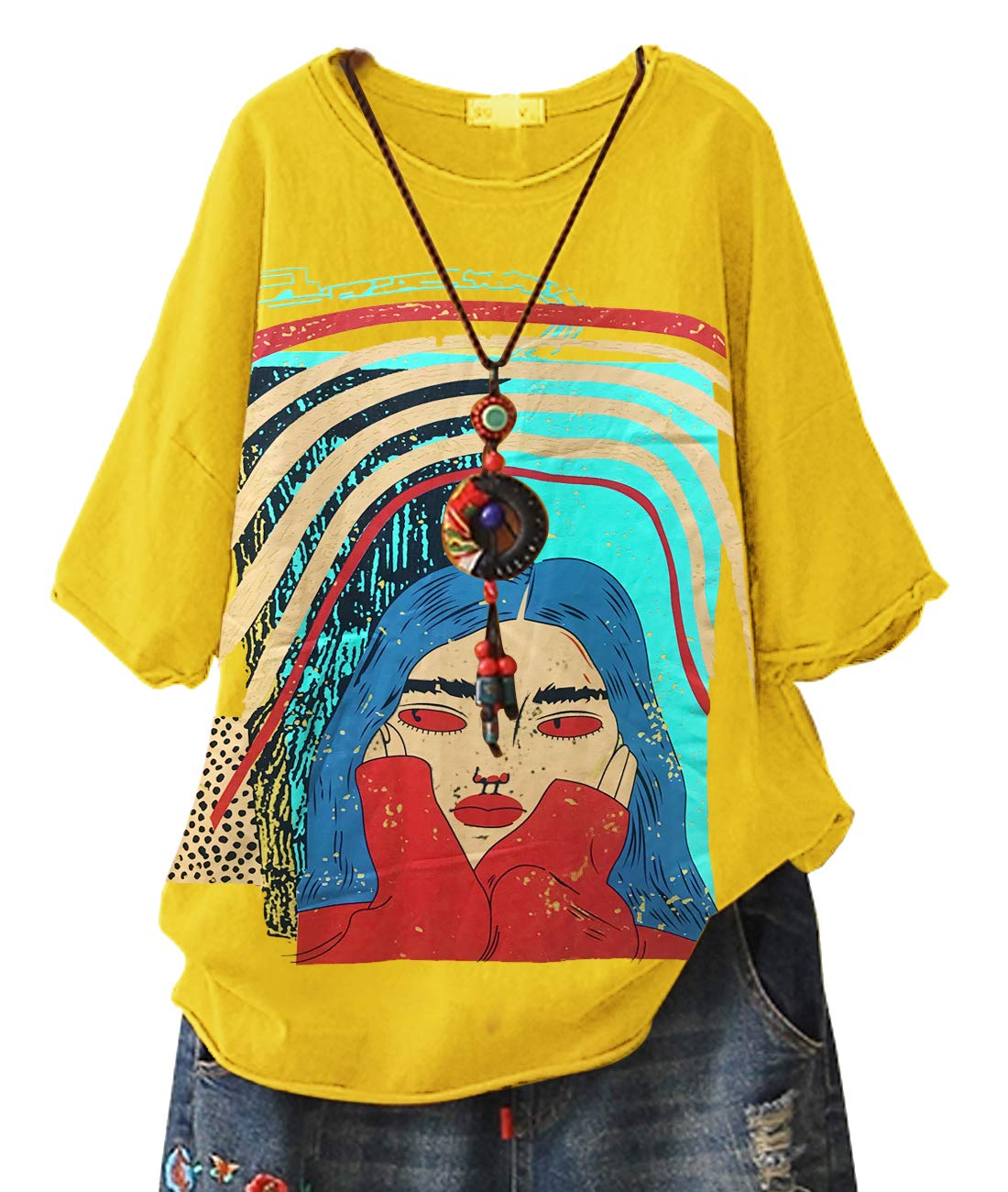 YESNO E78 Women Summer T-Shirt Casual Loose Short Sleeve Tops Inspirational Cute Graphic Tees with Pocket E78P3 (L, E78-Pattern3-Yellow)