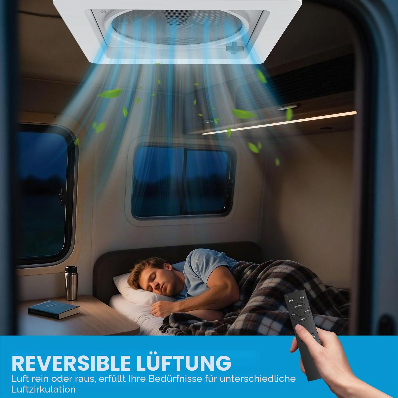 2012 12V (24V Max) Wohnmobil Dachventilator 400 mm, RV Dachlüfter mit schwarzem halbtransparentem Deckel, Fernbedienung, reversibel Abluft & Zuluft, leise, UV-beständig für Wohnwagen Camper