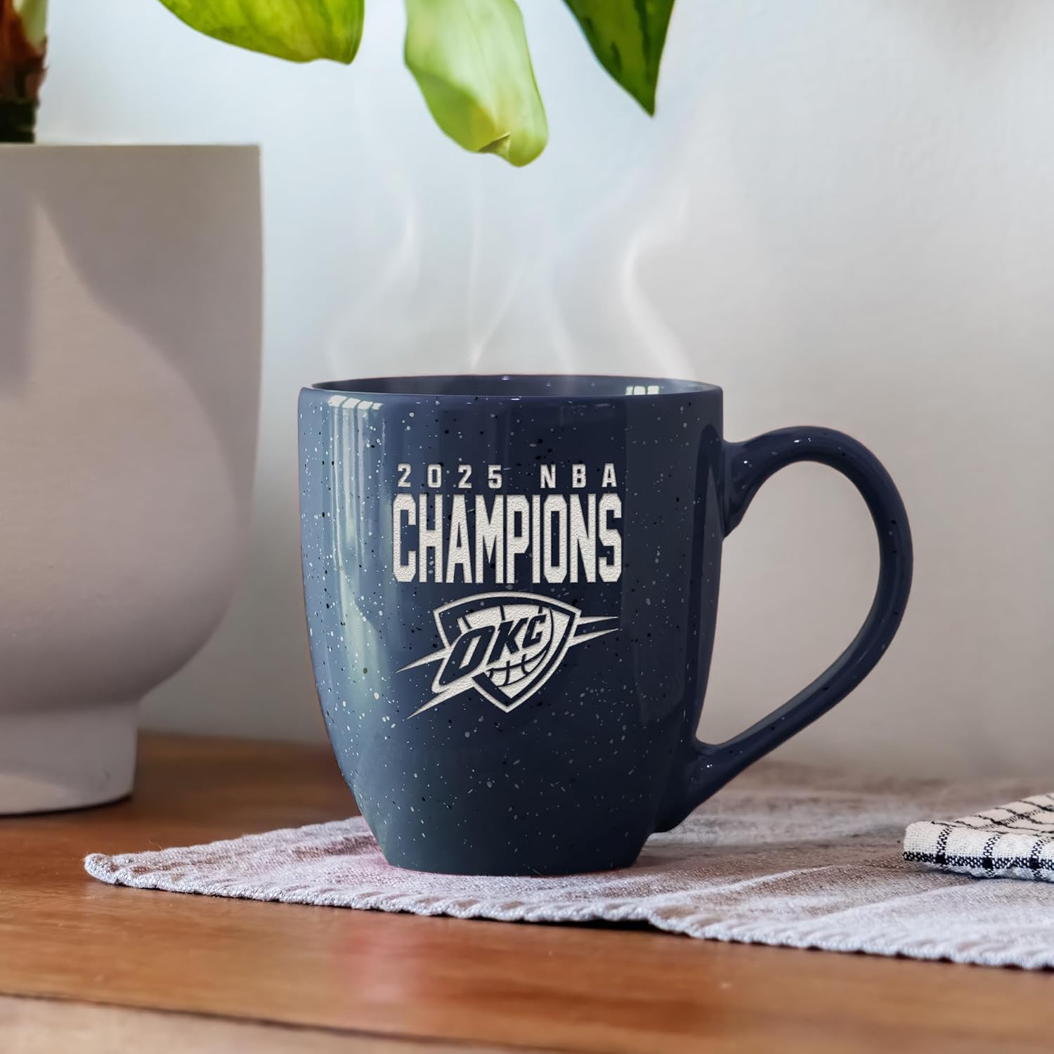 Greater Distance NBA Basketball Oklahoma City Thunder 2025 NBA Champions Personalized 16-oz Navy Blue Laser Engraved Speckled Ceramic Coffee Mug