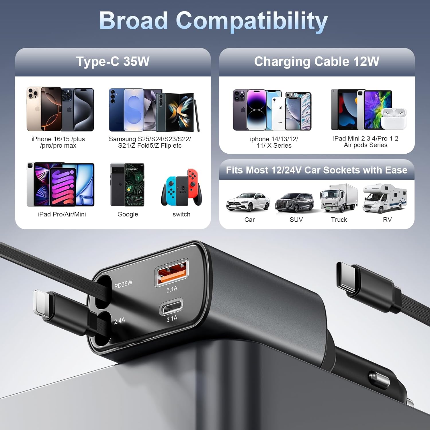 Retractable Car Charger USB C Fast Charging, 4 in 1 Car Adapter Phone Charger, 77W Cigarette Lighter USB Charger with Retractable USB C Cable for iPhone16/15/14/13/12/11,Pixel (2-Pack)