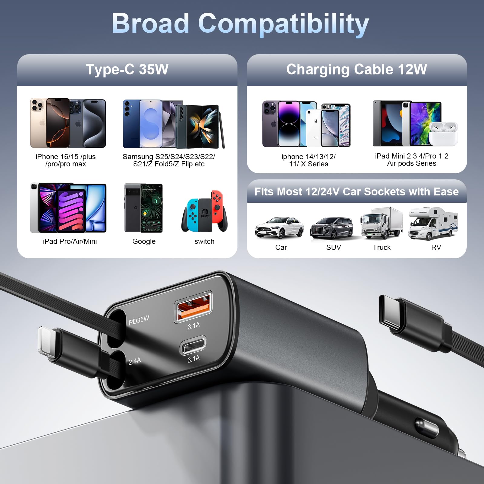 Cargador de coche retráctil USB C de carga rápida, adaptador de coche 4 en 1, cargador de teléfono para encendedor de cigarrillos de 77 W, cargador USB con cable USB C retráctil para iPhone 16/15/14