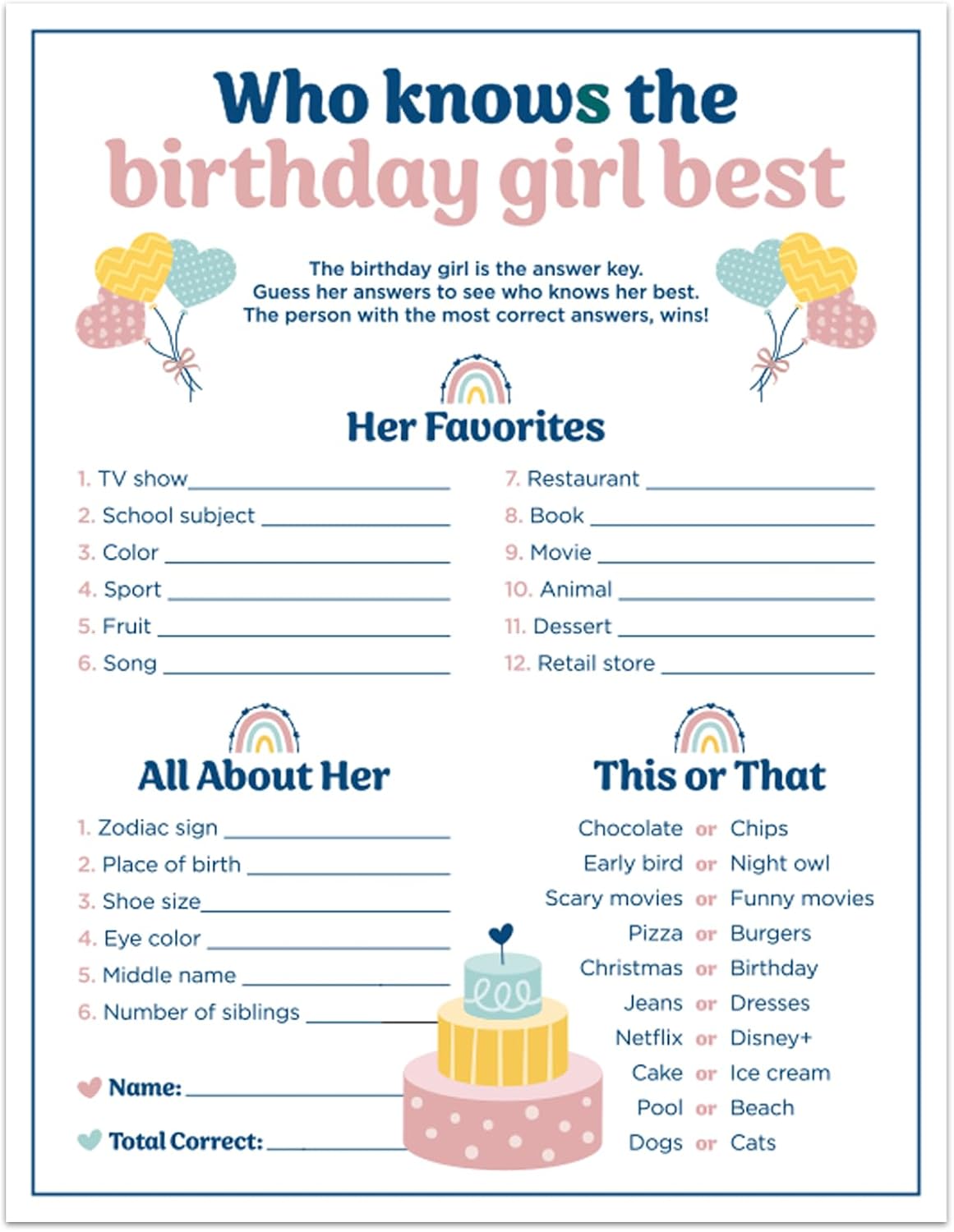 Who Knows The Birthday Girl Best, Birthday Would She Rather, Birthday Game Cards for Girls Her Sleepover Party - 5.5 * 7 inch Set of 20 (Boho)