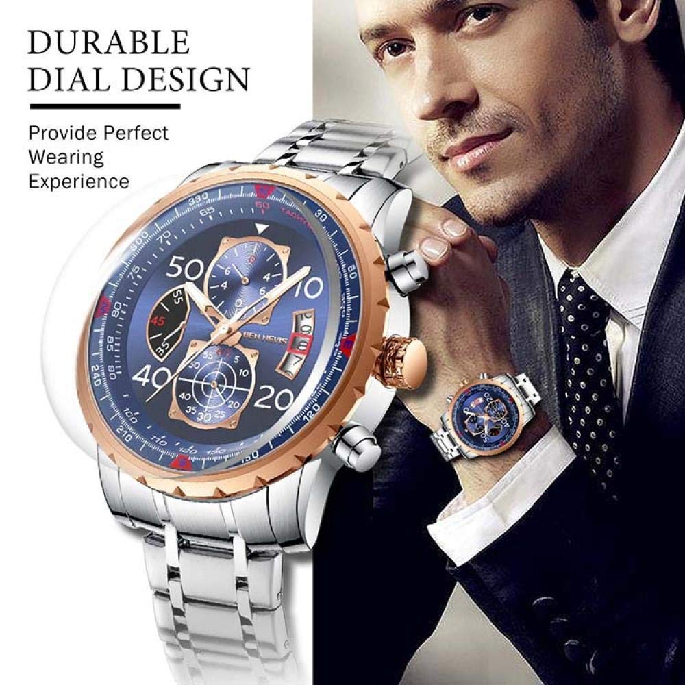 Ourui Orologi Da Polso,Orologio Al Quarzo Con Quadrante Grande A 3 Occhi E 6 Lancette Con Funzione Calendario, Blu Argento