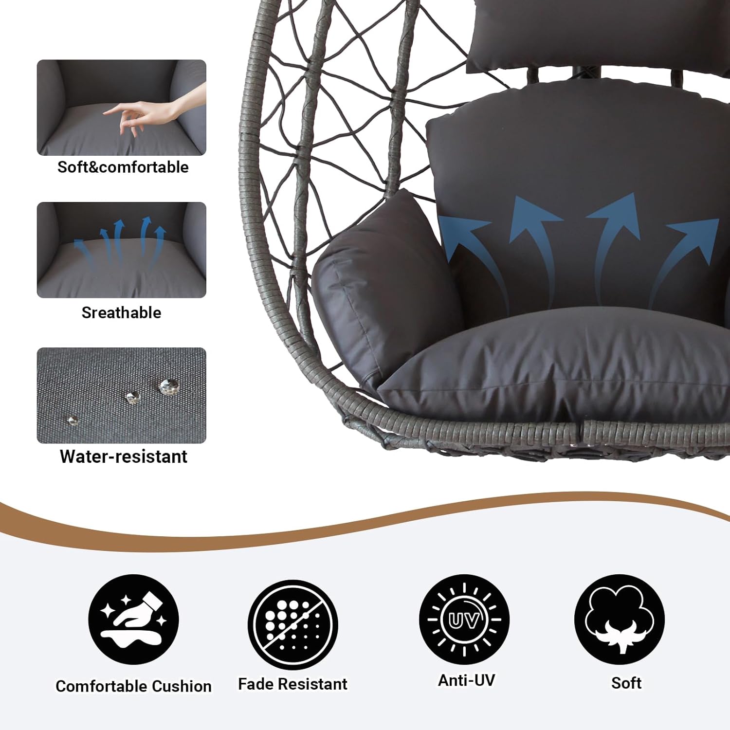 JOINFUN Egg Chair with Stand, Patio Wicker Hanging Swing Egg Chair Thickened, Galvanized Pipe Steel Frame and UV Resistant Cushion for Bedroom Garden Indoor Outdoor, 350LBS Capacity (Drak Grey)