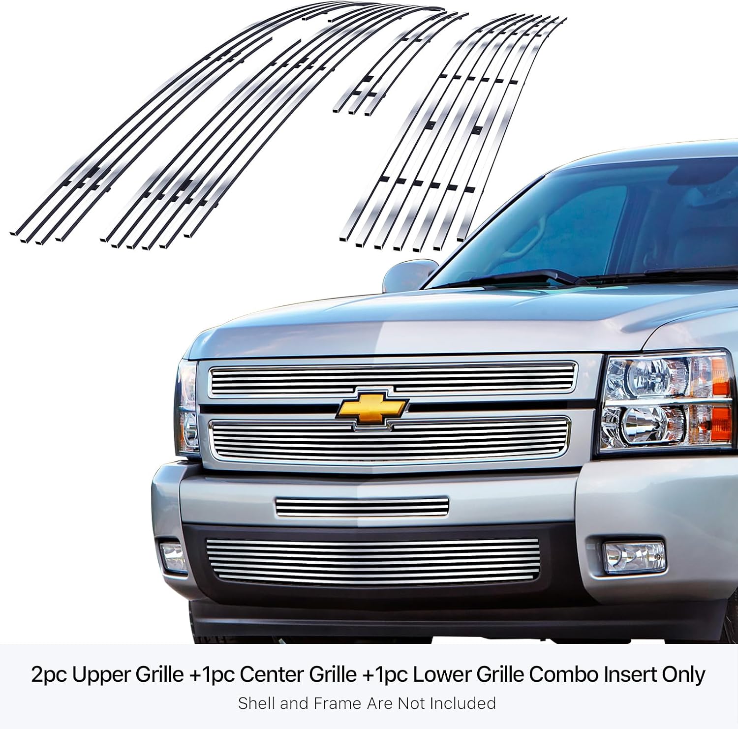 APS Compatible with Chevy Silverado 1500 2007-2013 Main Upper Top Bumper Lower Bumper Stainless Steel SS Chrome Billet Front Grill Grille Insert Combo C61133A