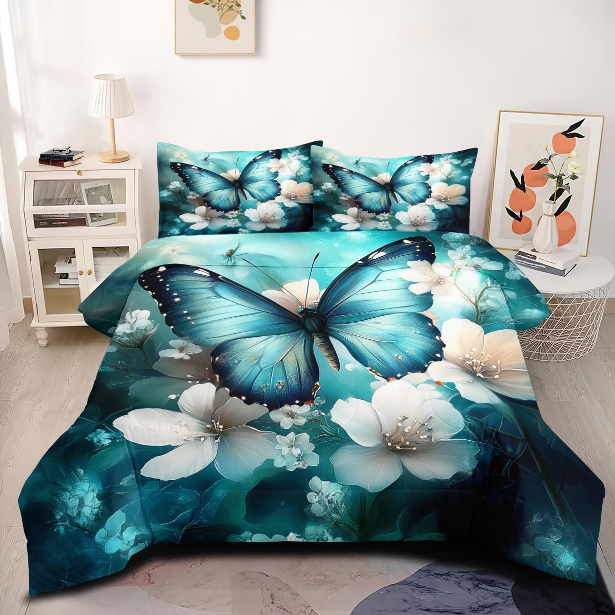 Teal Comforter Set Twin Size Romantic Floral Butterfly Bedding Set White Aesthetic Elegant Flower Cooling Coquette Comforter 2 Piece with 1 Pillowcase for Bedroom Decor