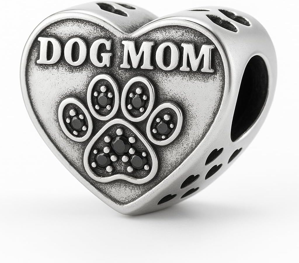 Dog Mom Puppy Paw Heart Charm Bead Pendant, 925 Sterling Silver, Compatible with Pandora & Similar Charm Bead Bracelets, Necklaces & DIY Jewelry