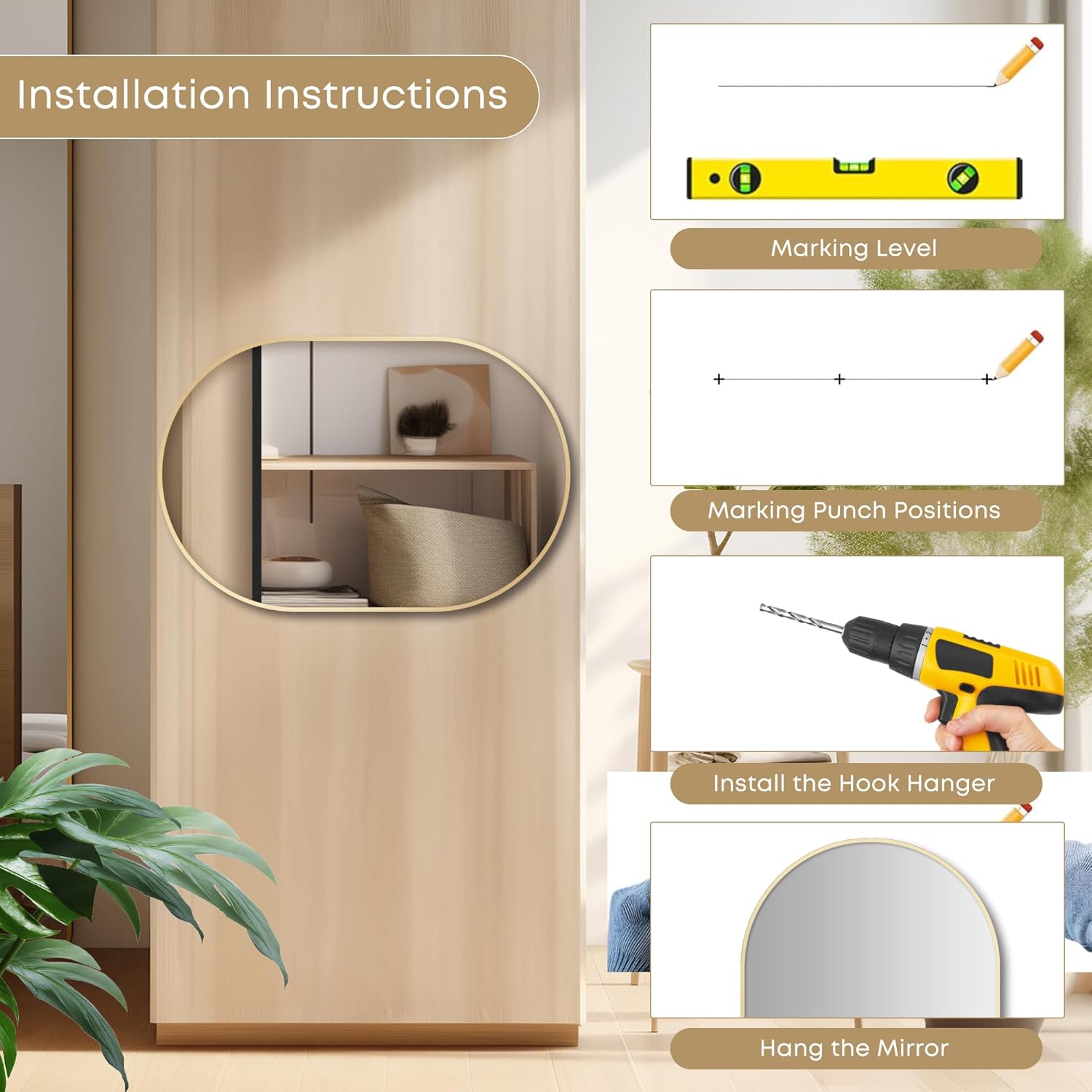 Oval Wall Mounted Mirror, 20"x30" Mirror with Aluminum Alloy Frame, Black Oval Mirror for Bathroom, Bedroom, Living Room,Gold