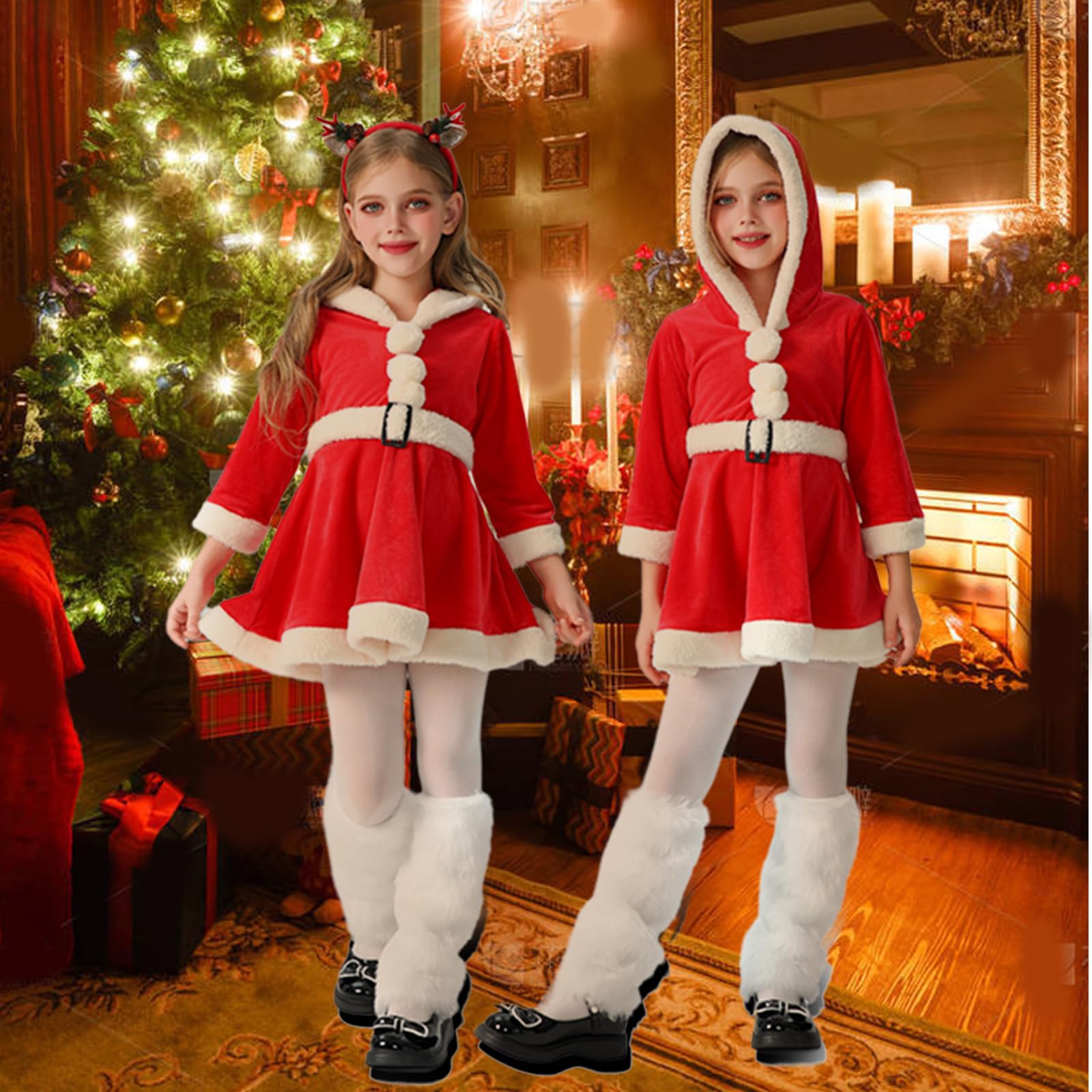 Vestito da renna di Natale per bambini, cosplay, feste, costume a maniche lunghe, vestito invernale con cappuccio per le festività natalizie
